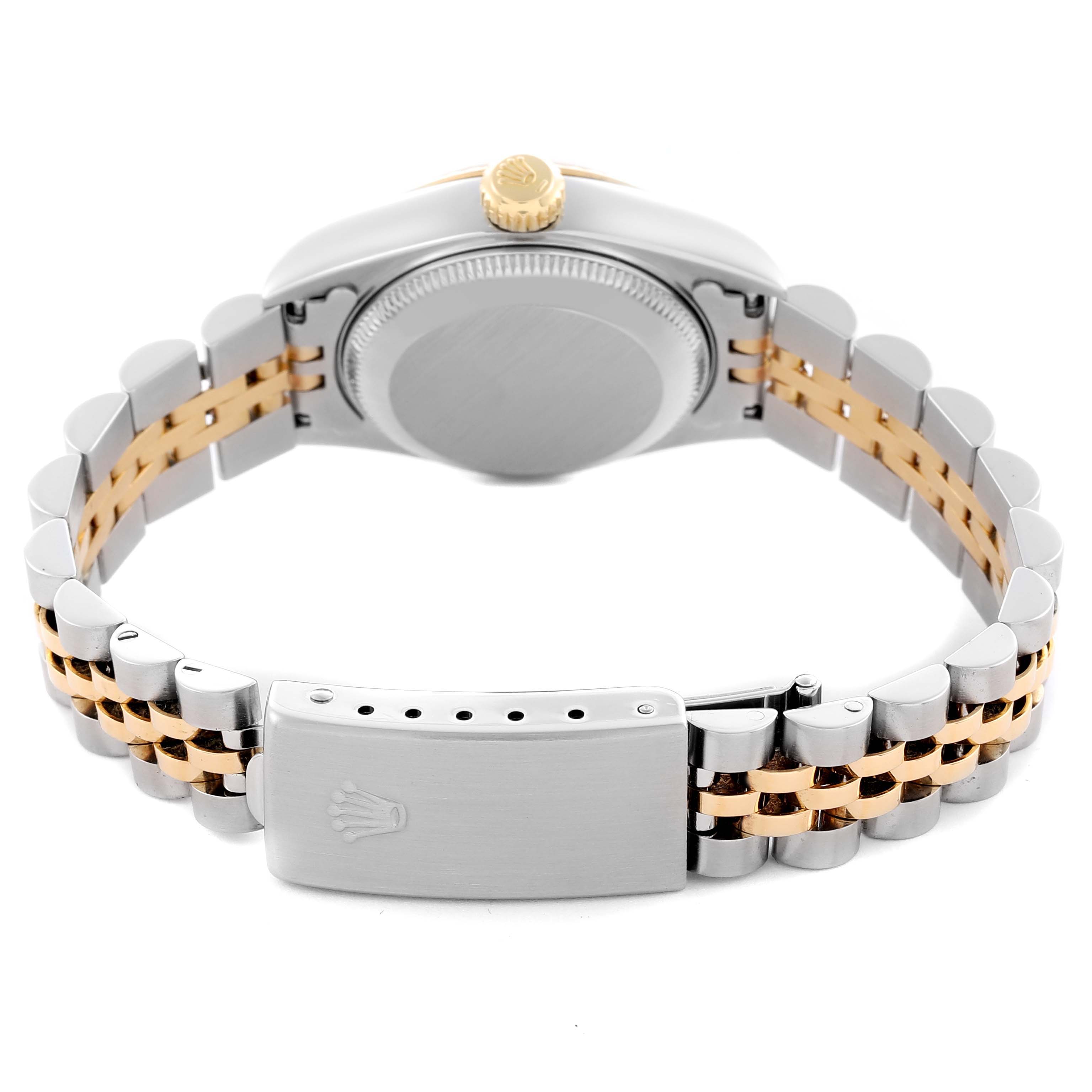 The Rolex Datejust 69173 Women's Steel and Gold (two tone) White Dial 69173 Women's Steel and Gold (two tone) White Dial watch is shown from the back, displaying the clasp, caseback, and the two-tone bracelet links.