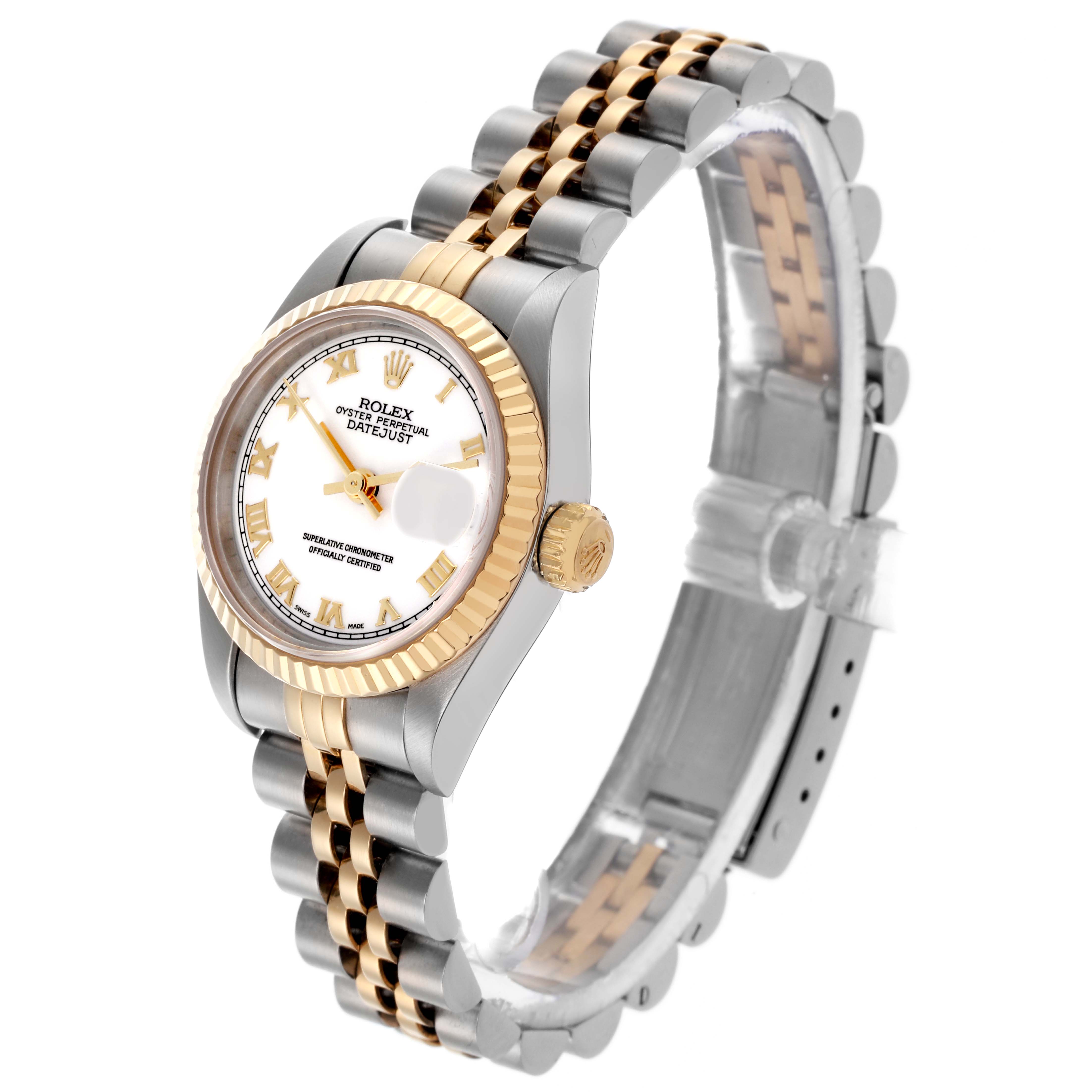 The Rolex Datejust 69173 Women's Steel and Gold (two tone) White Dial 69173 Women's Steel and Gold (two tone) White Dial watch is shown at an angle highlighting the gold fluted bezel, crown, and Jubilee bracelet.