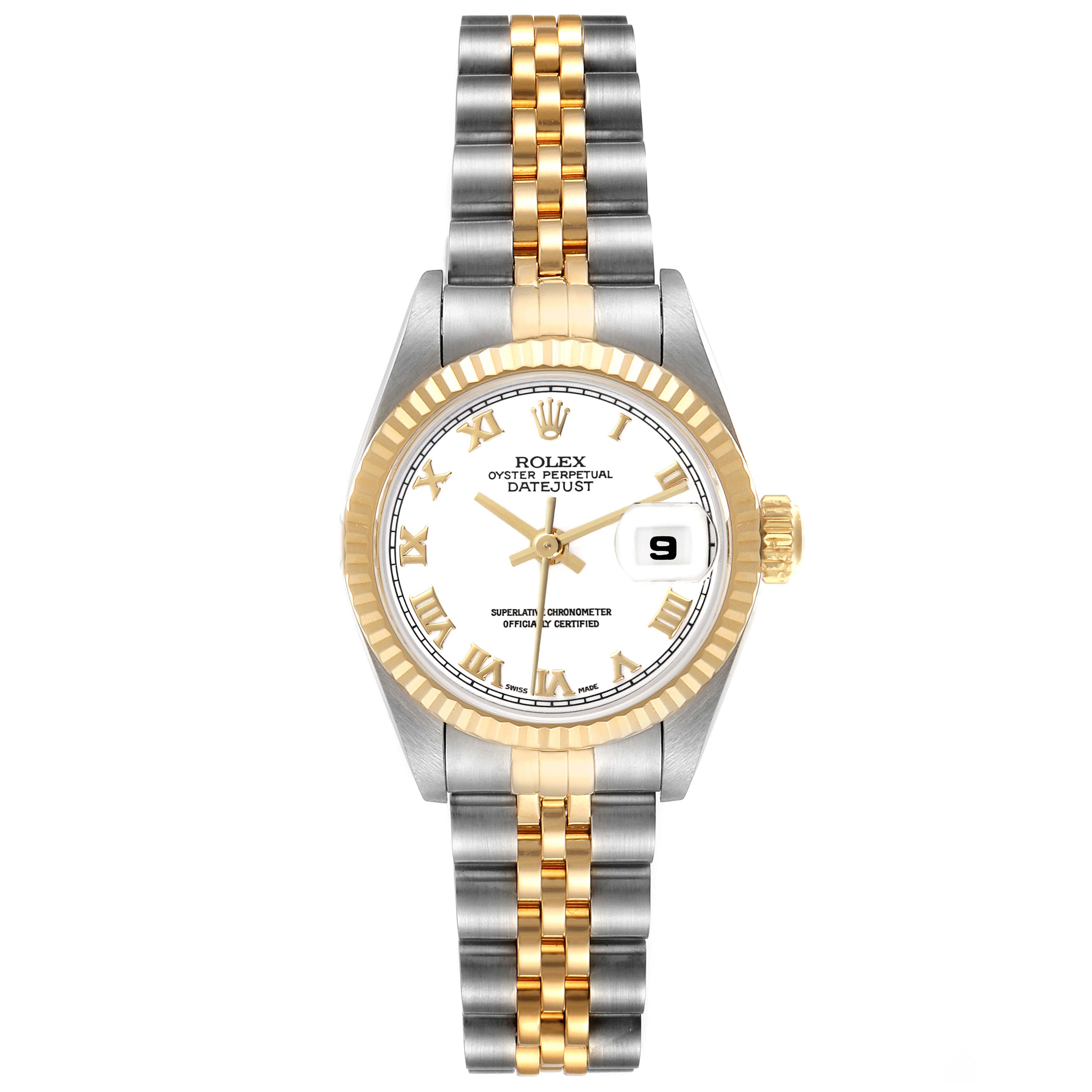 The Rolex Datejust 69173 Women's Steel and Gold (two tone) White Dial 69173 Women's Steel and Gold (two tone) White Dial watch is shown from a front angle, highlighting the dial, fluted bezel, two-tone bracelet, and date window.