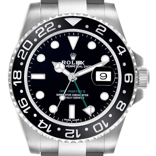 The Rolex GMT-Master II is shown from the front, displaying the dial, bezel, crown, and part of the bracelet.