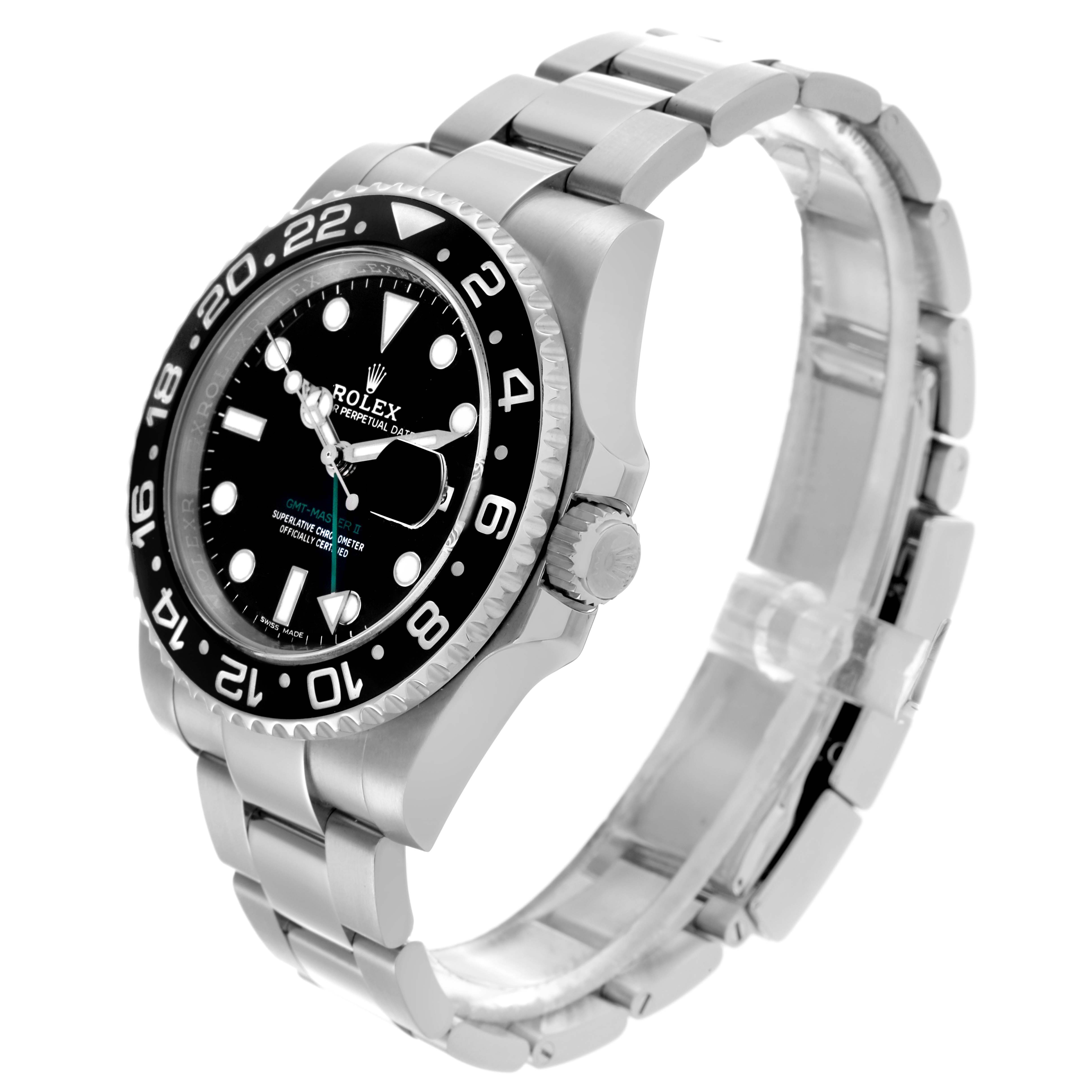The Rolex GMT-Master 116710LN Men's Stainless Steel Black Dial 116710LN Men's Stainless Steel Black Dial is shown at an angle highlighting the face, bezel, crown, and bracelet.