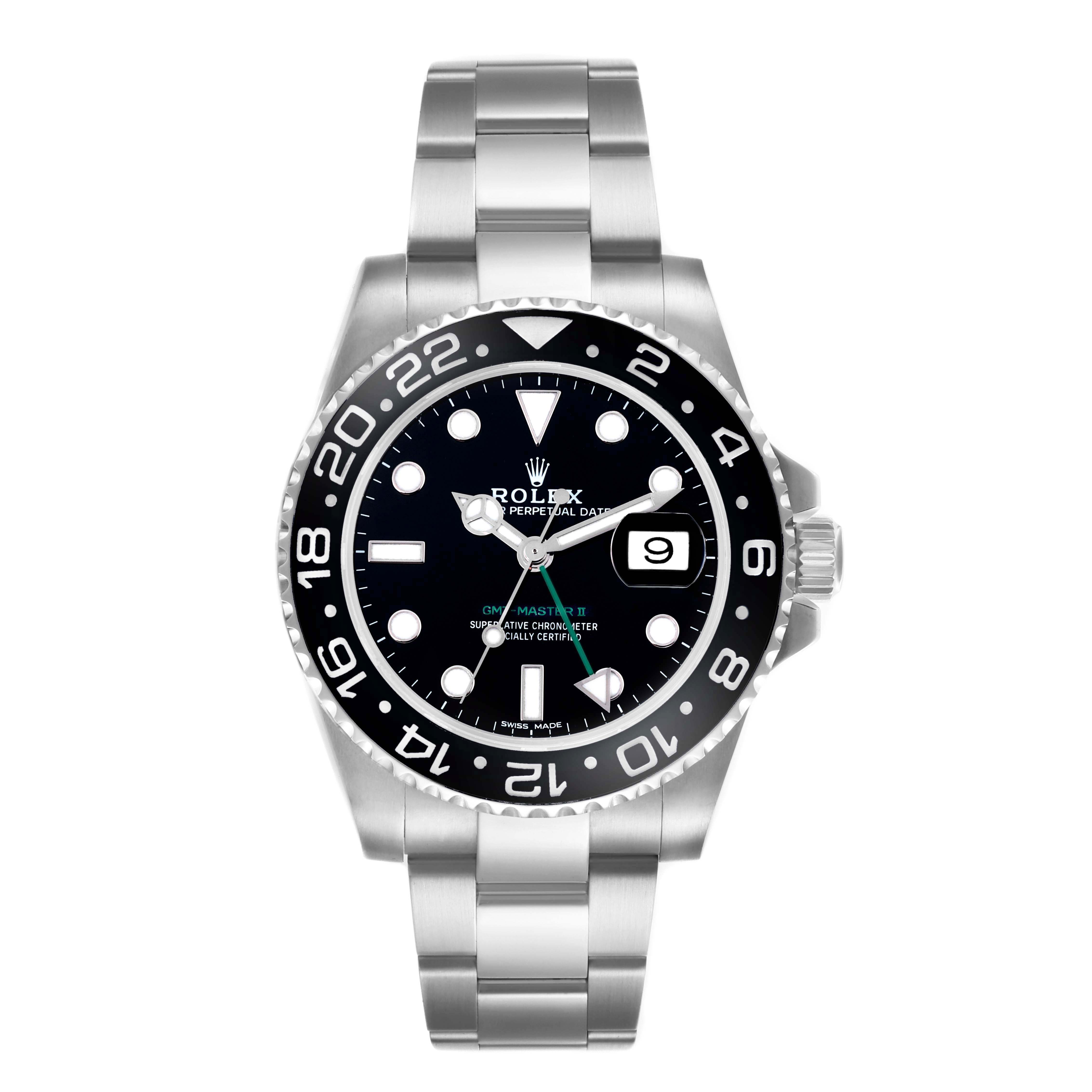 The Rolex GMT-Master 116710LN Men's Stainless Steel Black Dial 116710LN Men's Stainless Steel Black Dial watch is shown from a front angle, displaying the dial, bezel, and bracelet.