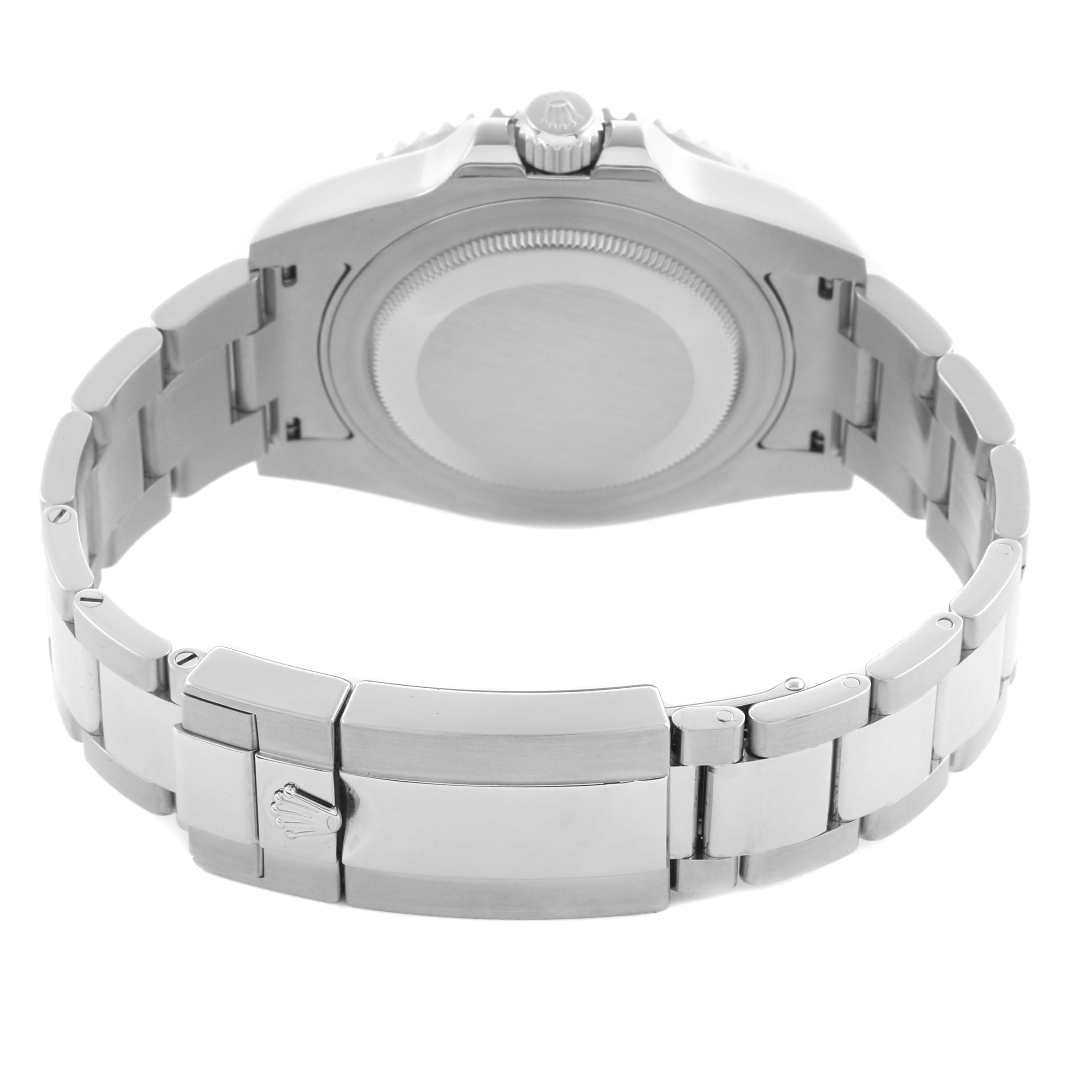 The image shows the back case and bracelet clasp of a Rolex GMT-Master 116710LN Men's Stainless Steel Black Dial 116710LN Men's Stainless Steel Black Dial watch from the rear angle.