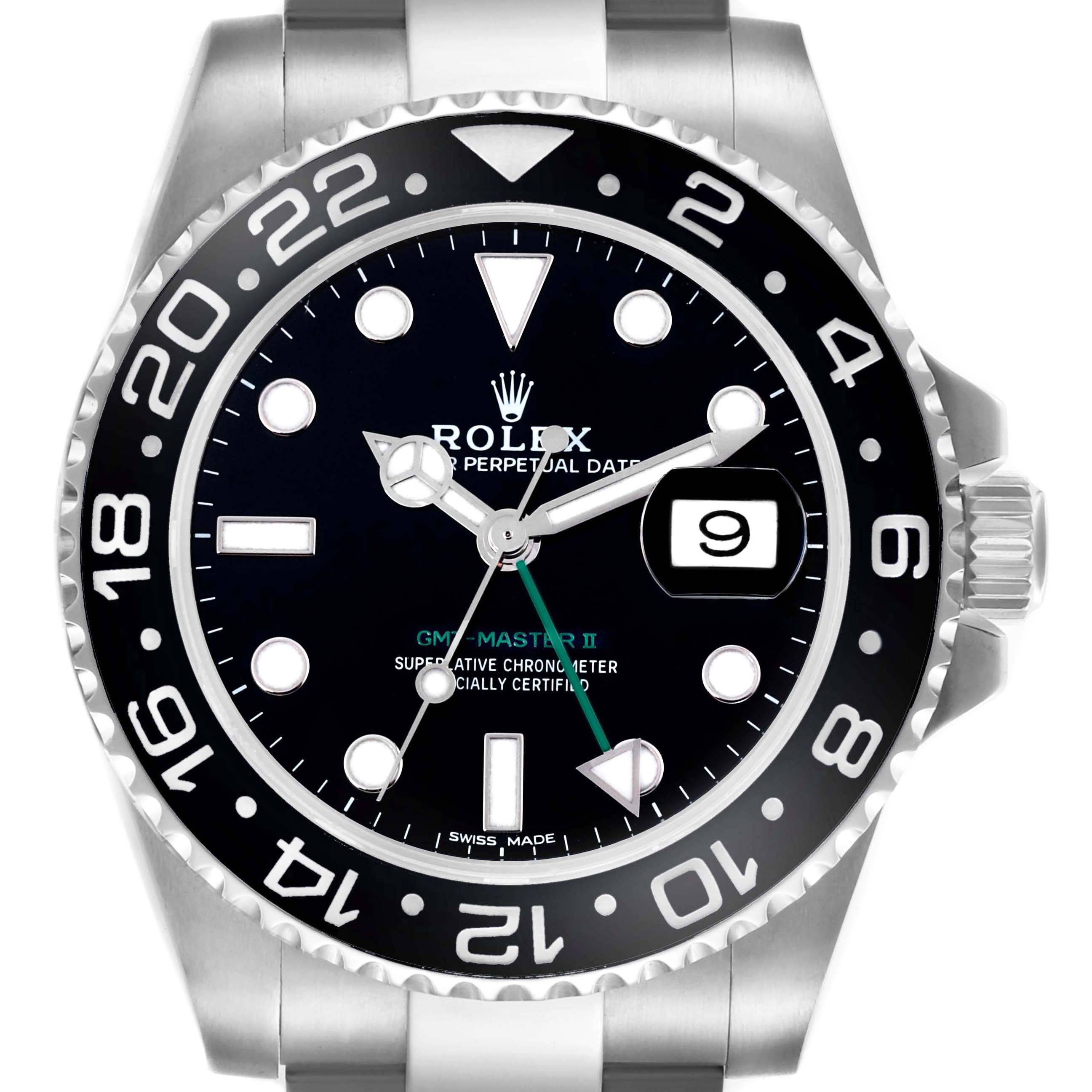The Rolex GMT-Master 116710LN Men's Stainless Steel Black Dial 116710LN Men's Stainless Steel Black Dial watch is shown from a frontal angle, highlighting the bezel, dial, hands, and date window.