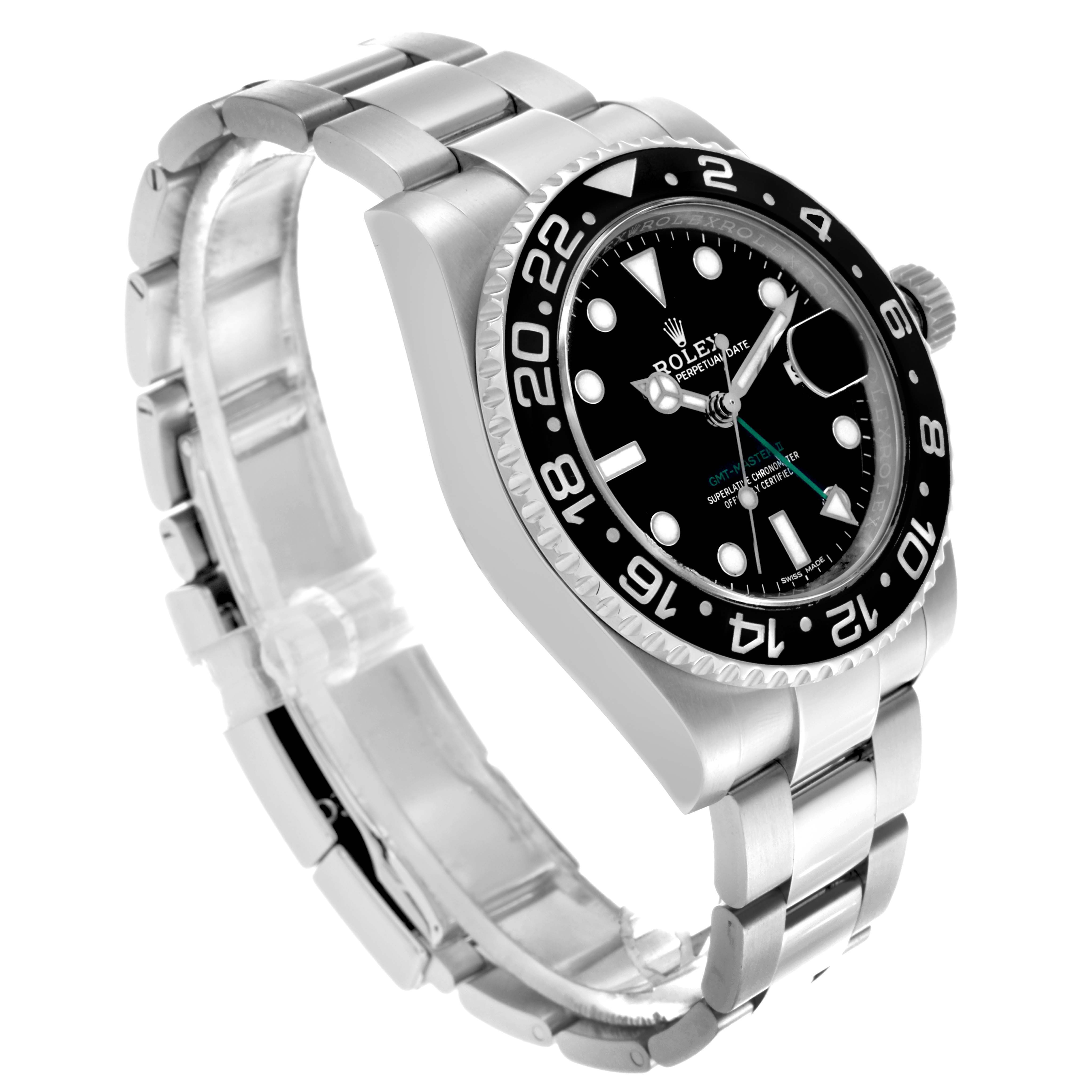 The Rolex GMT-Master 116710LN Men's Stainless Steel Black Dial 116710LN Men's Stainless Steel Black Dial is shown from a side angle, highlighting the bracelet, case, bezel, and dial.