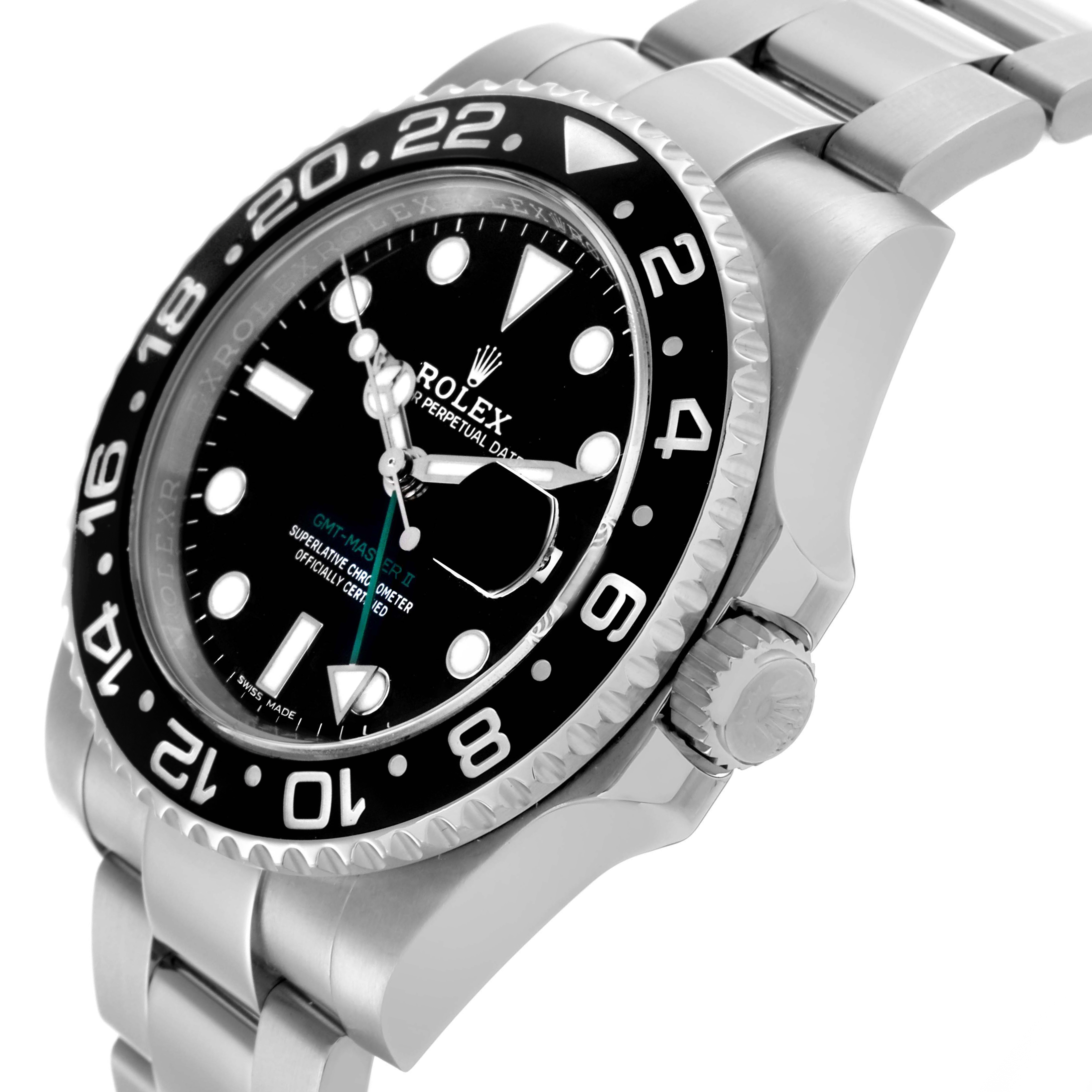 The Rolex GMT-Master 116710LN Men's Stainless Steel Black Dial 116710LN Men's Stainless Steel Black Dial watch is shown at an angle highlighting the bezel, dial, crown, and bracelet.