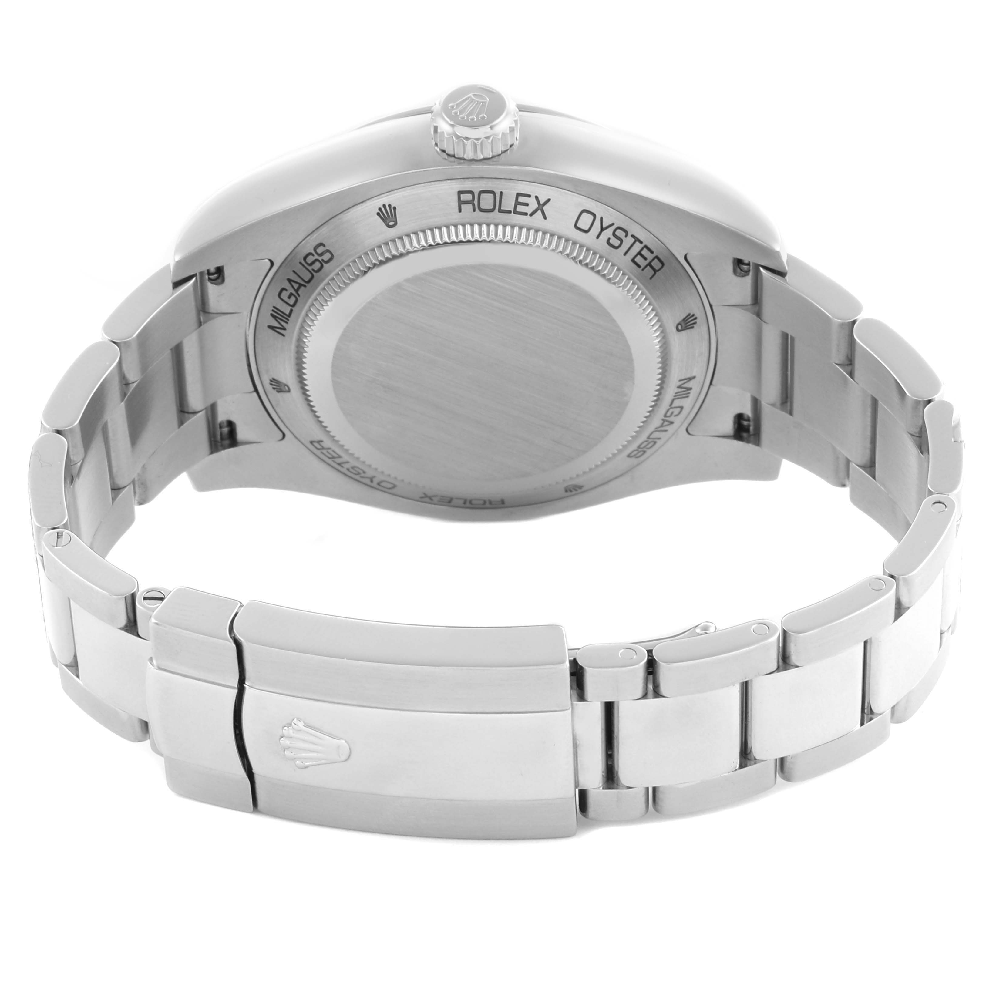 The image shows the back and clasp of the Rolex Milgauss 116400GV Men's Stainless Steel Black Dial 116400GV Men's Stainless Steel Black Dial, highlighting the case back and bracelet.