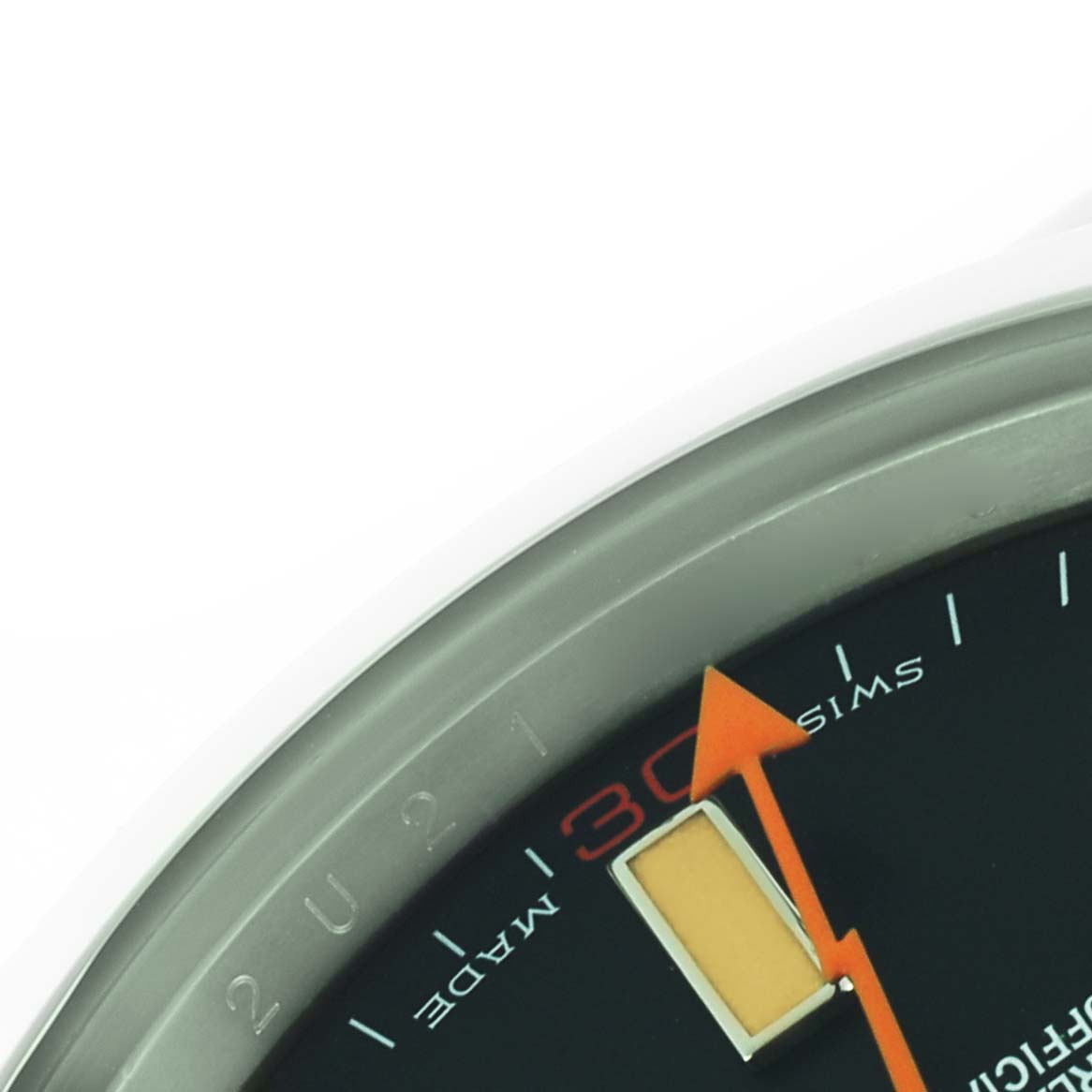 The image shows a close-up of the dial and hands of a Rolex Milgauss 116400GV Men's Stainless Steel Black Dial 116400GV Men's Stainless Steel Black Dial watch, highlighting the orange second hand and minute markers.