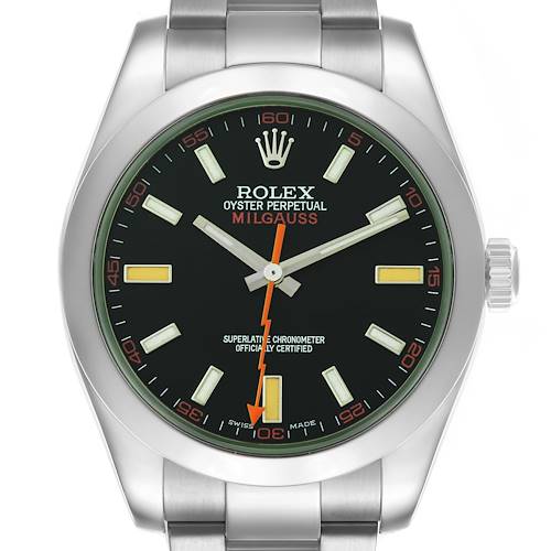 The Rolex Milgauss watch is shown from a front angle, displaying the full face, bezel, case, and part of the bracelet.