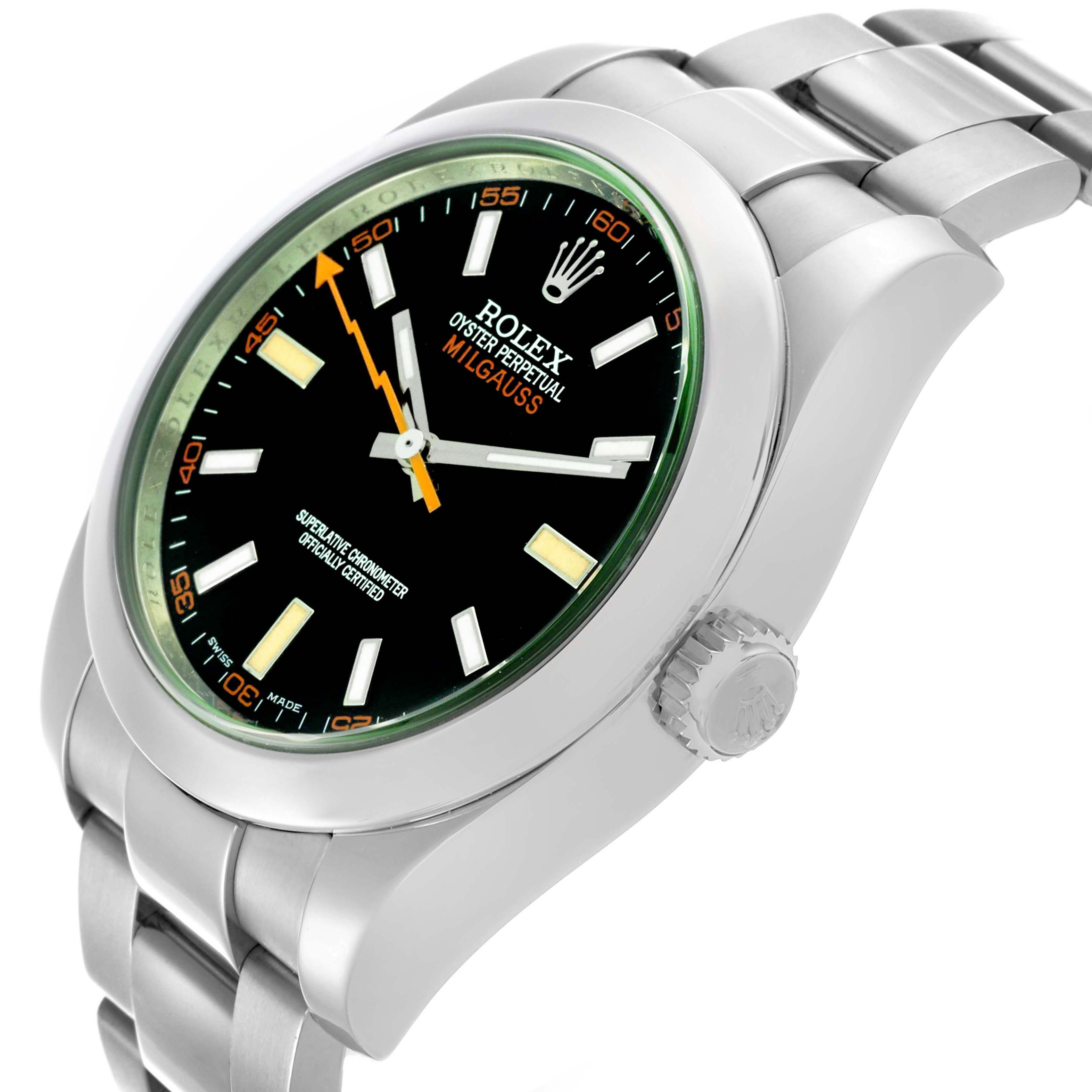 The Rolex Milgauss 116400GV Men's Stainless Steel Black Dial 116400GV Men's Stainless Steel Black Dial watch is shown at a tilted angle, featuring the face, bezel, crown, and bracelet.