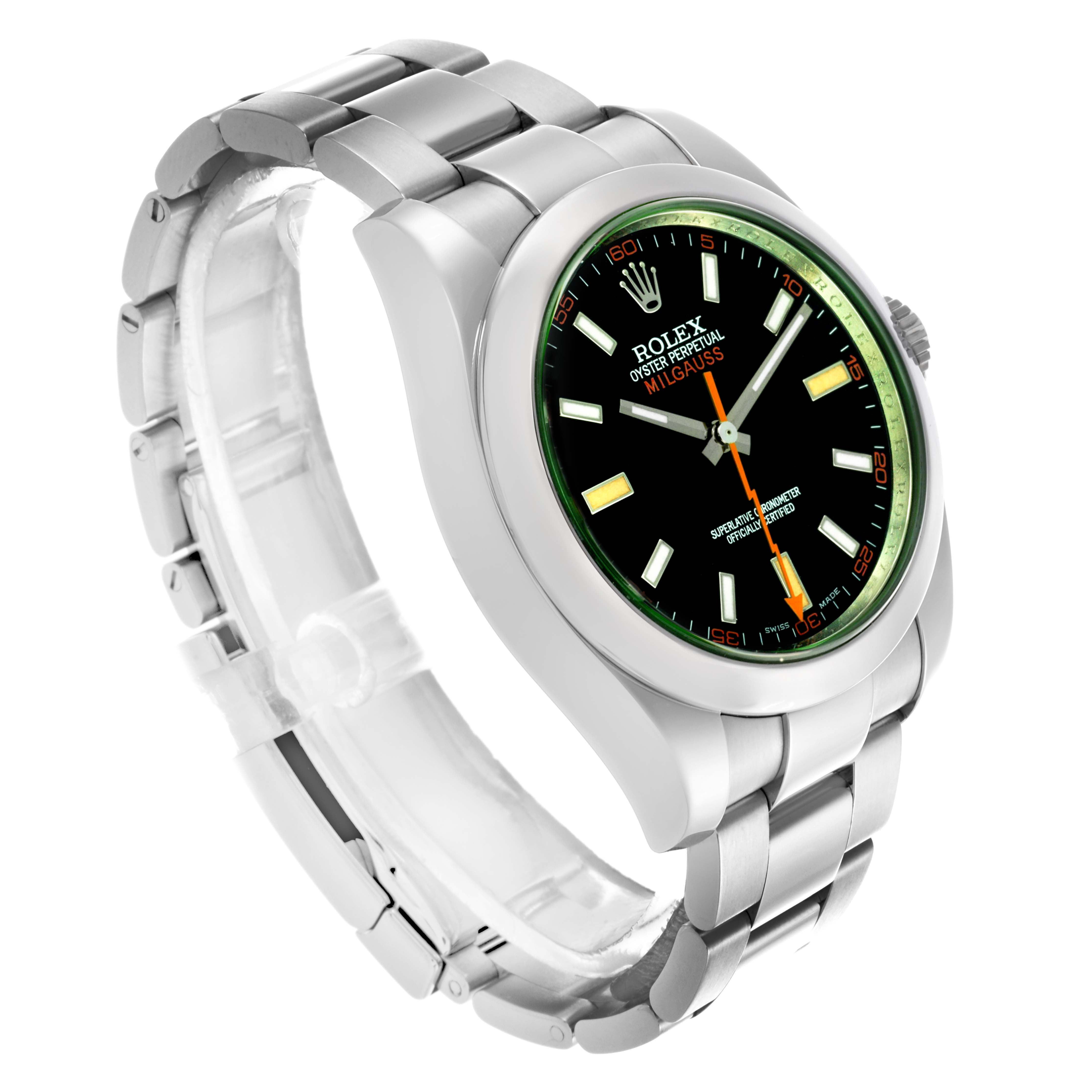 The Rolex Milgauss 116400GV Men's Stainless Steel Black Dial 116400GV Men's Stainless Steel Black Dial watch is shown at a three-quarter angle, displaying the face, bracelet, and bezel.
