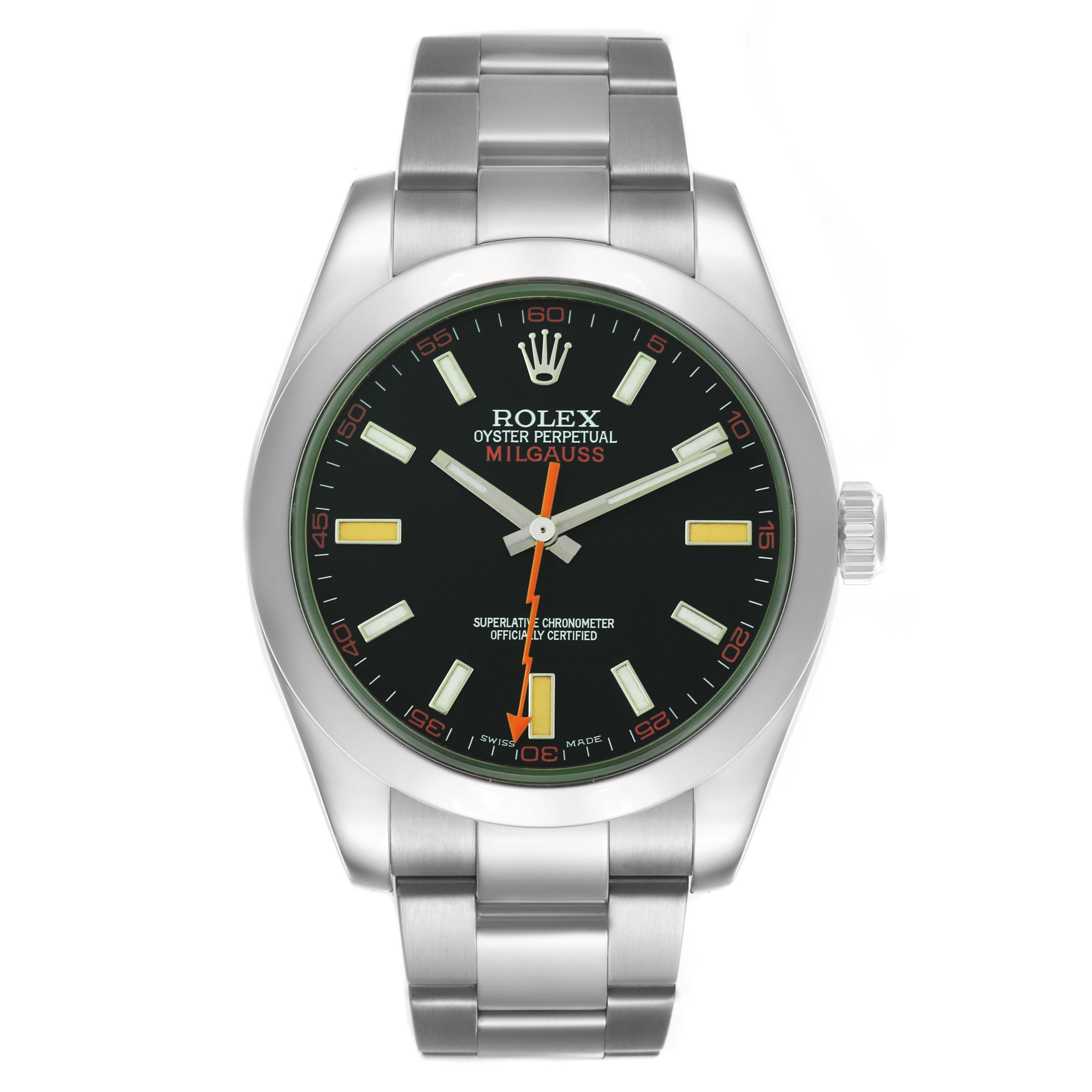 The Rolex Milgauss 116400GV Men's Stainless Steel Black Dial 116400GV Men's Stainless Steel Black Dial watch is shown from a front angle, displaying its green dial, orange accents, and stainless steel bracelet.