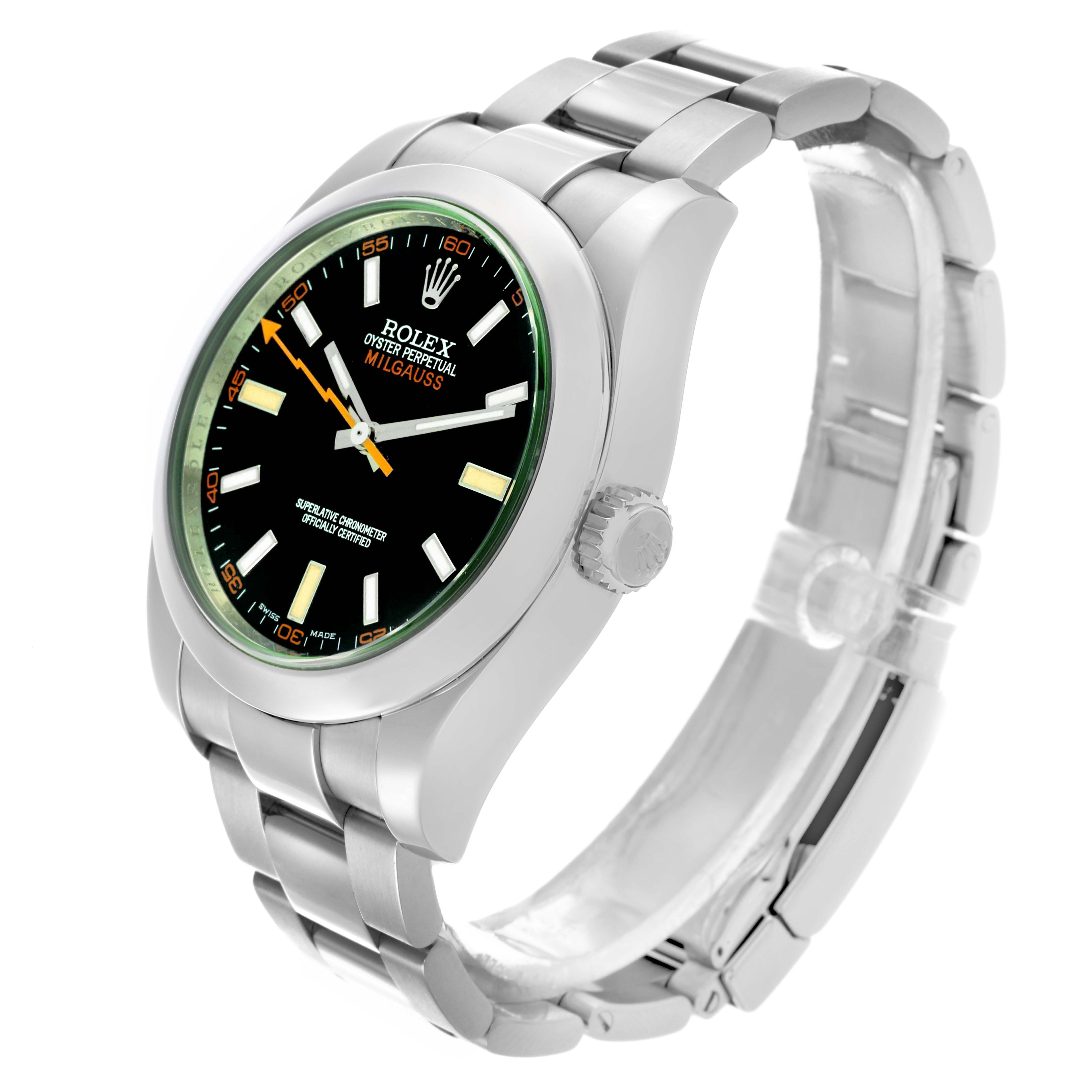 The Rolex Milgauss 116400GV Men's Stainless Steel Black Dial 116400GV Men's Stainless Steel Black Dial watch is shown at a three-quarter angle, highlighting the face, bezel, crown, and bracelet.