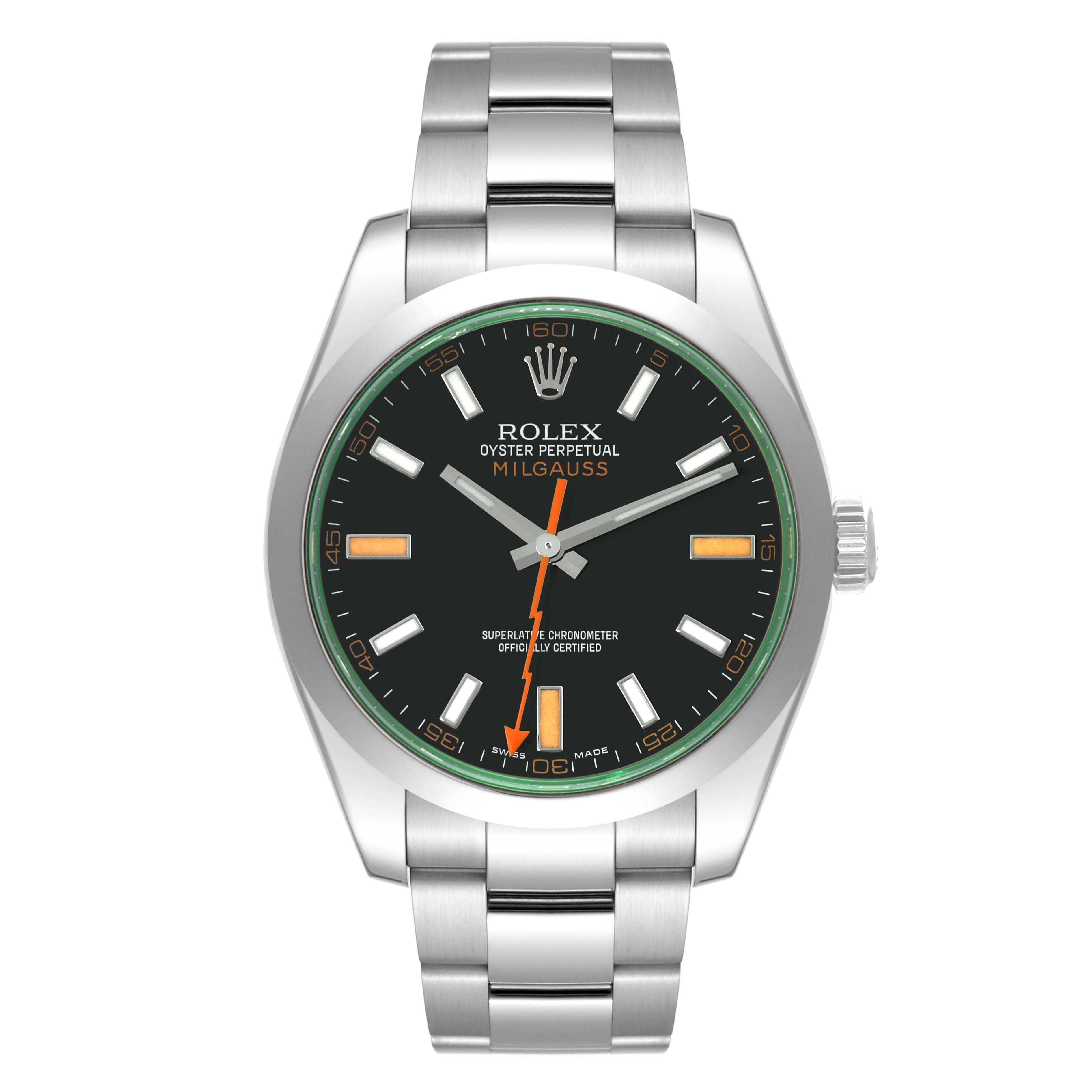 The image shows a frontal view of the Rolex Milgauss 116400GV Men's Stainless Steel Black Dial 116400GV Men's Stainless Steel Black Dial watch, displaying the face, bezel, case, and bracelet.