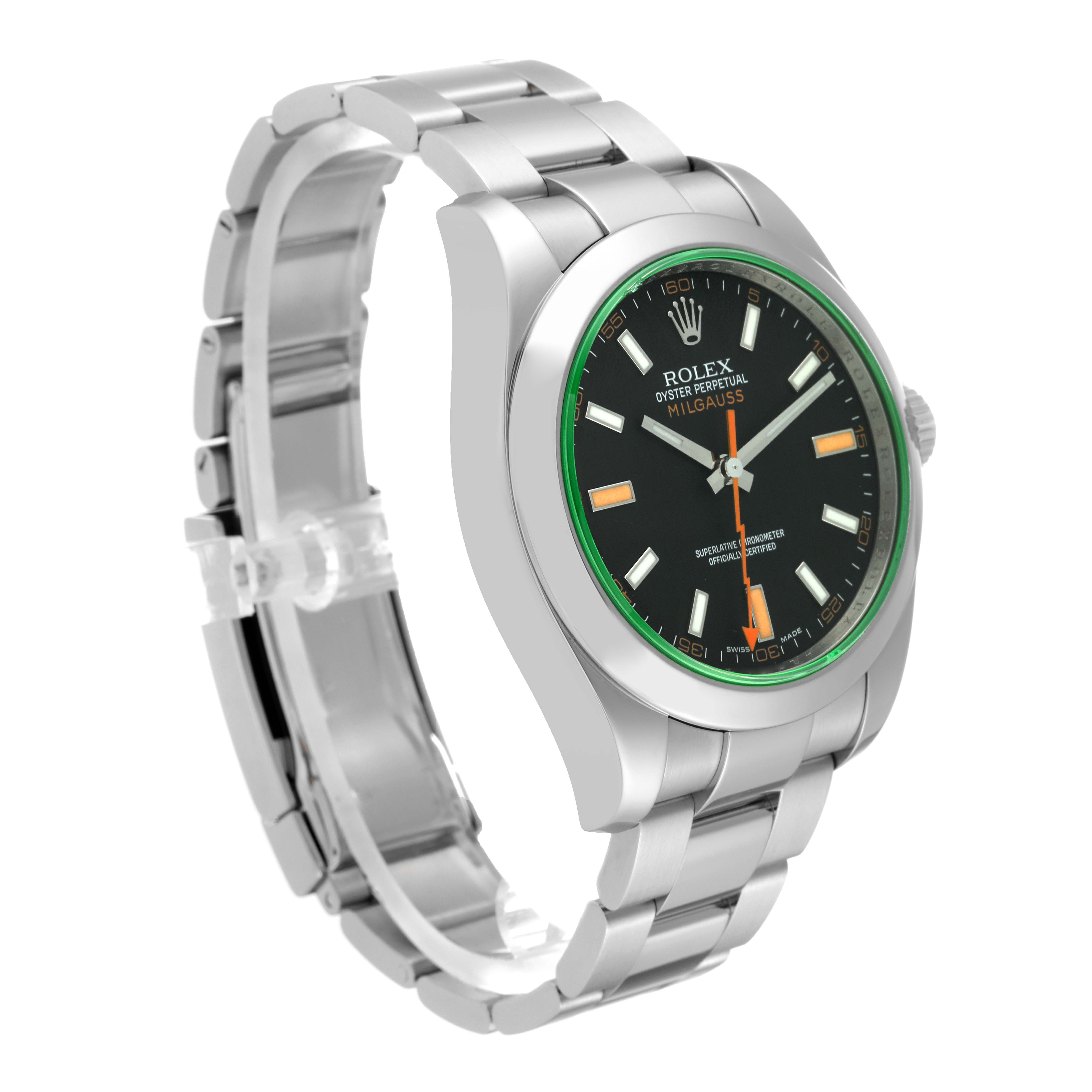 The image shows a Rolex Milgauss 116400GV Men's Stainless Steel Black Dial 116400GV Men's Stainless Steel Black Dial watch angled to display the face, bezel, and bracelet.