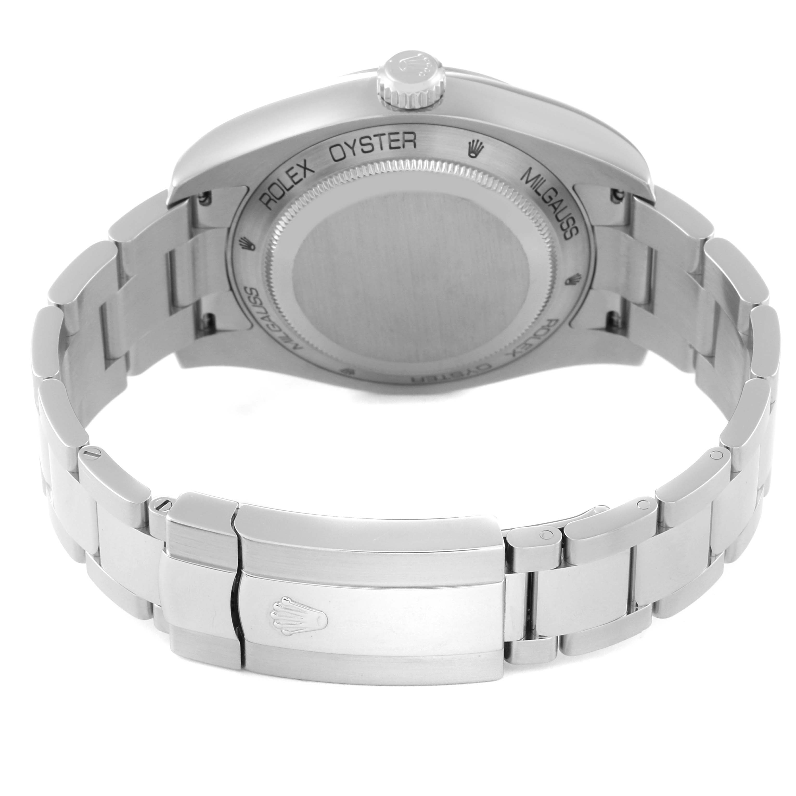 The image shows the back case and bracelet of a Rolex Milgauss 116400GV Men's Stainless Steel Black Dial 116400GV Men's Stainless Steel Black Dial watch from a rear angle.