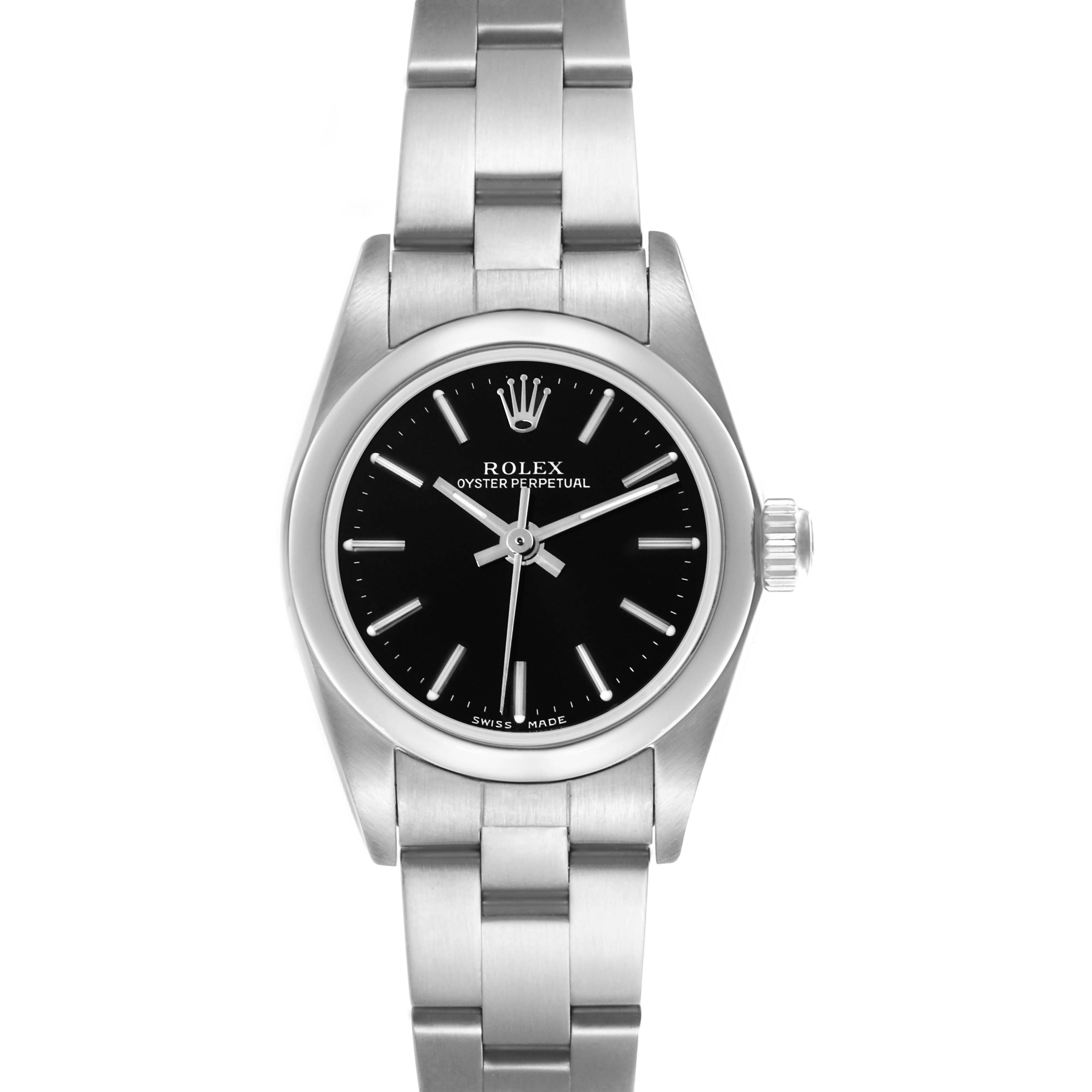 The image shows a front view of the Rolex Oyster Perpetual 76080 Women's Stainless Steel Black Dial 76080 Women's Stainless Steel Black Dial, highlighting the dial, bezel, and bracelet.