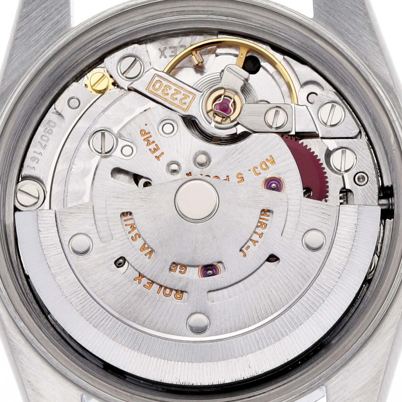 The image shows the movement of a Rolex Oyster Perpetual 76080 Women's Stainless Steel Black Dial 76080 Women's Stainless Steel Black Dial watch from a top-down angle, revealing its intricate internal components.