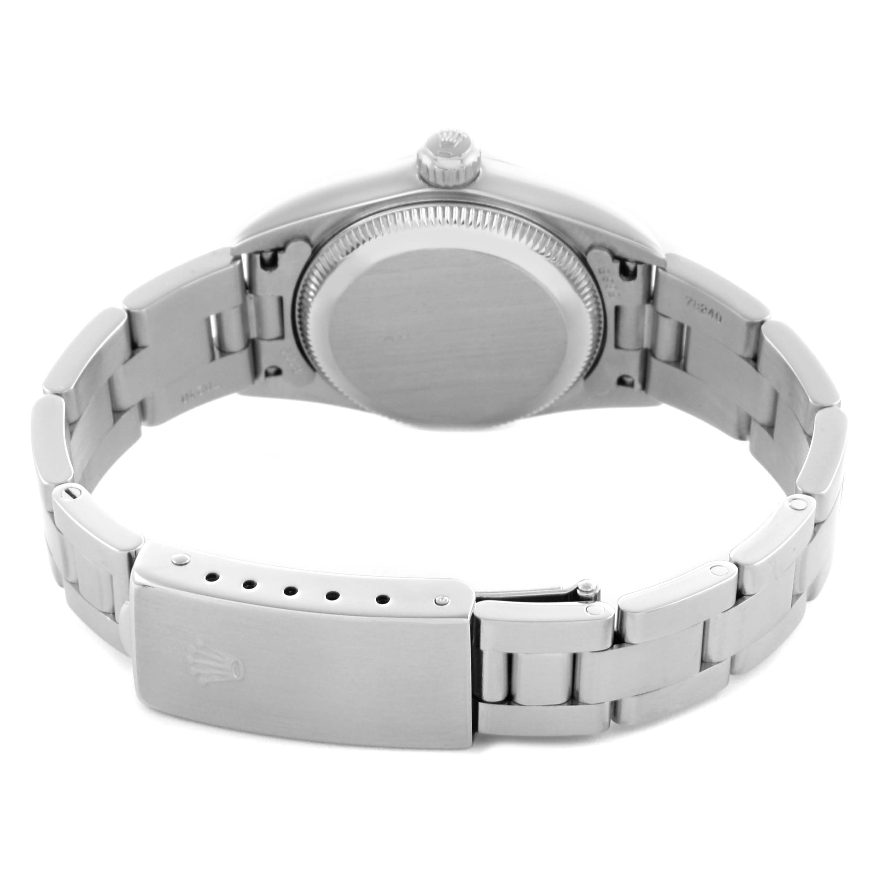 The image shows the back view of a Rolex Oyster Perpetual 76080 Women's Stainless Steel Black Dial 76080 Women's Stainless Steel Black Dial watch, highlighting the bracelet and clasp.