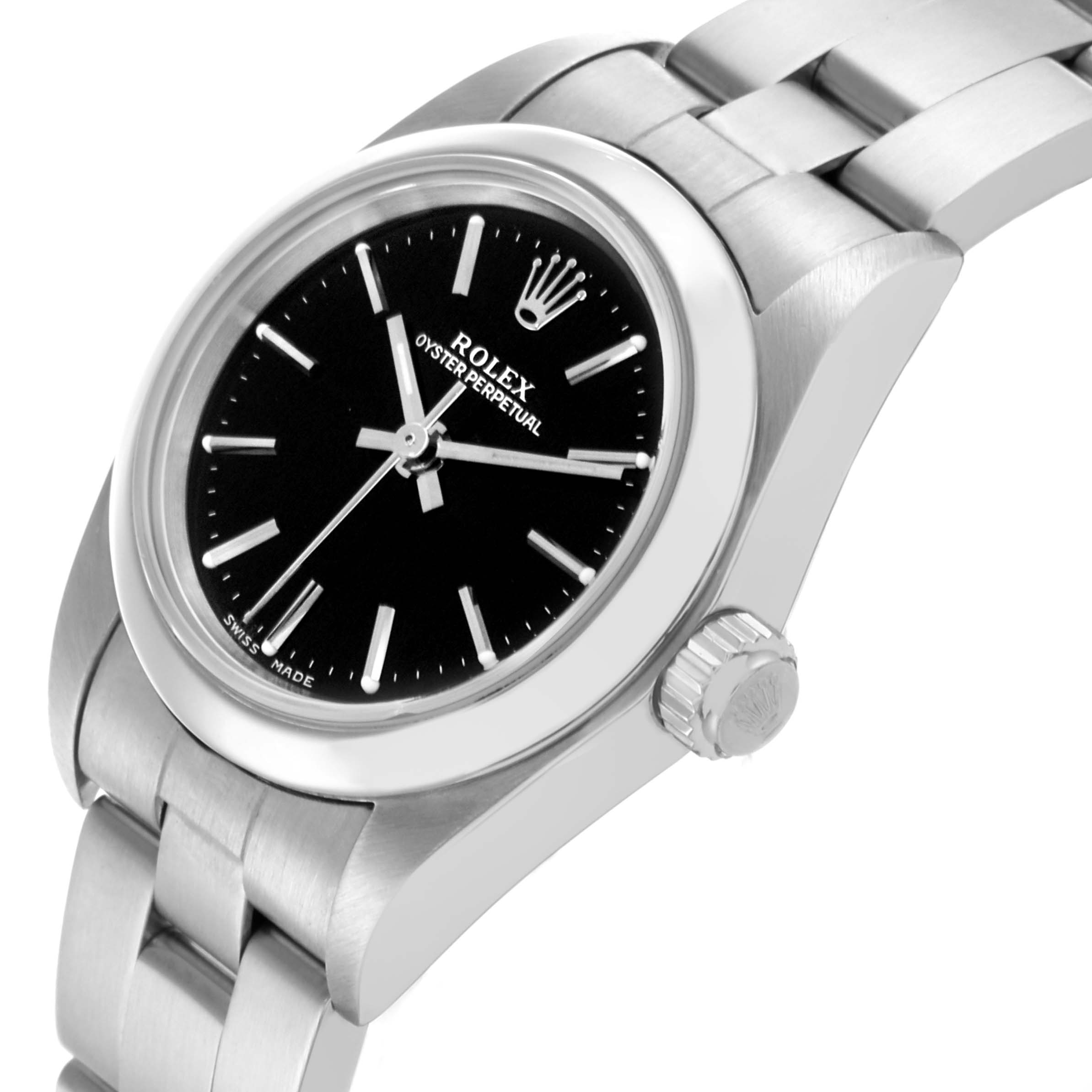 The Rolex Oyster Perpetual 76080 Women's Stainless Steel Black Dial 76080 Women's Stainless Steel Black Dial watch is shown at an angled side view, highlighting the bezel, crown, and bracelet.