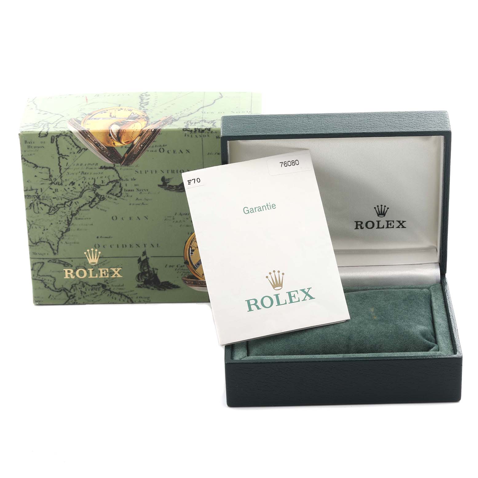 The image shows an open Rolex Oyster Perpetual 76080 Women's Stainless Steel Black Dial 76080 Women's Stainless Steel Black Dial watch box, a green outer box, and a guarantee booklet.