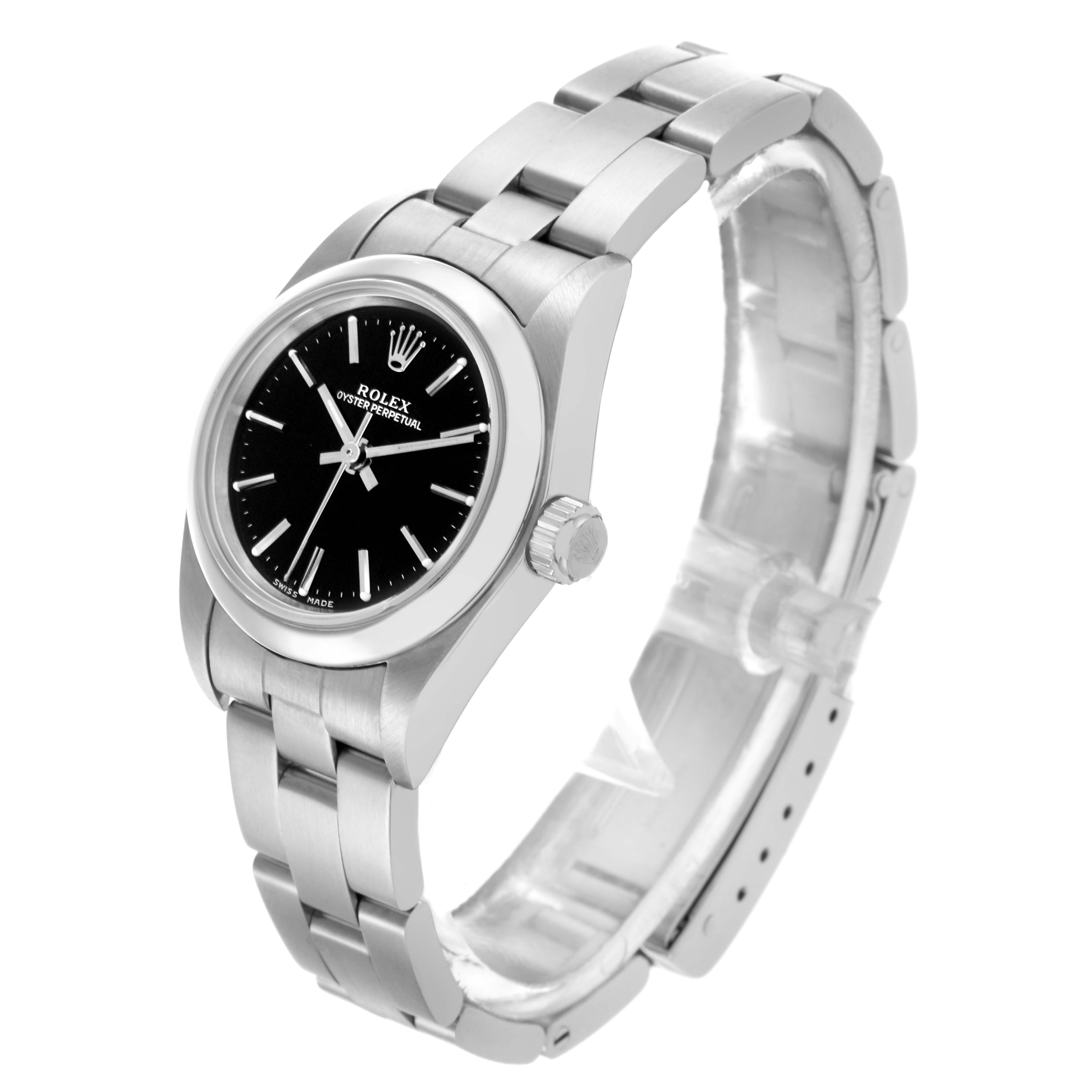 The Rolex Oyster Perpetual 76080 Women's Stainless Steel Black Dial 76080 Women's Stainless Steel Black Dial watch is shown at an angled side view, highlighting its bracelet, bezel, and crown.