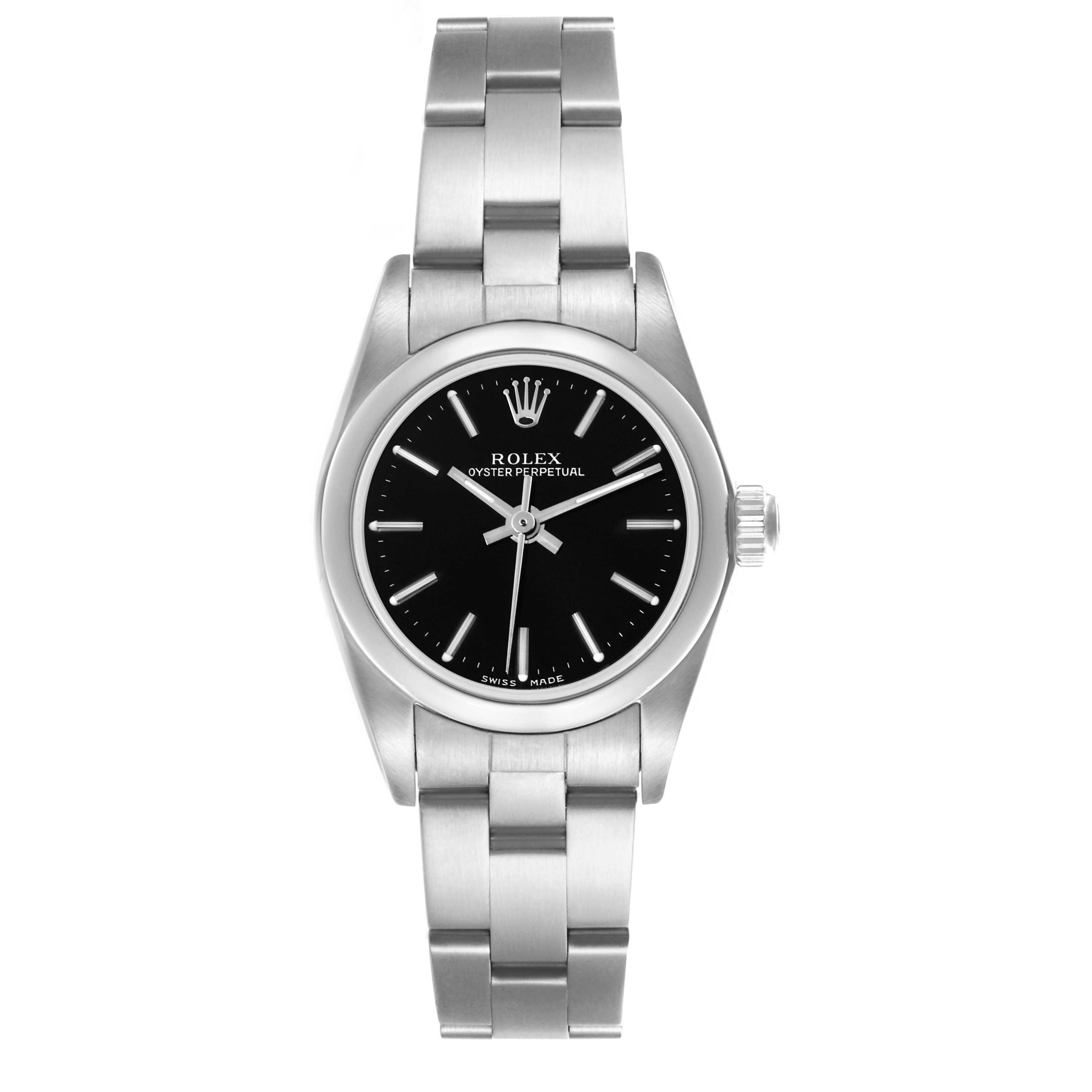 The Rolex Oyster Perpetual 76080 Women's Stainless Steel Black Dial 76080 Women's Stainless Steel Black Dial watch is shown from a top-down angle, displaying the black dial, bezel, and full bracelet.