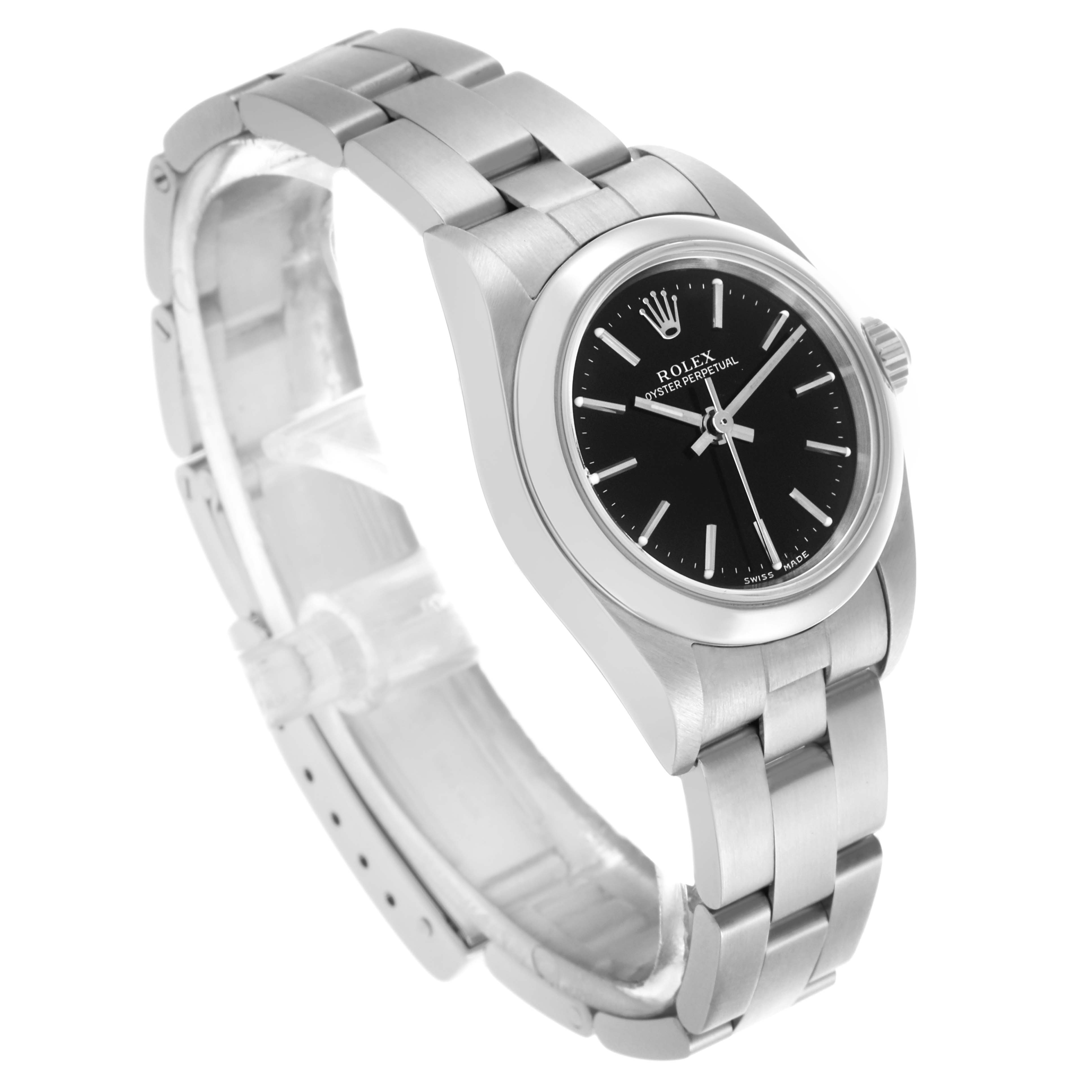 The Rolex Oyster Perpetual 76080 Women's Stainless Steel Black Dial 76080 Women's Stainless Steel Black Dial watch is shown at an angle highlighting the face, bezel, and part of the bracelet.