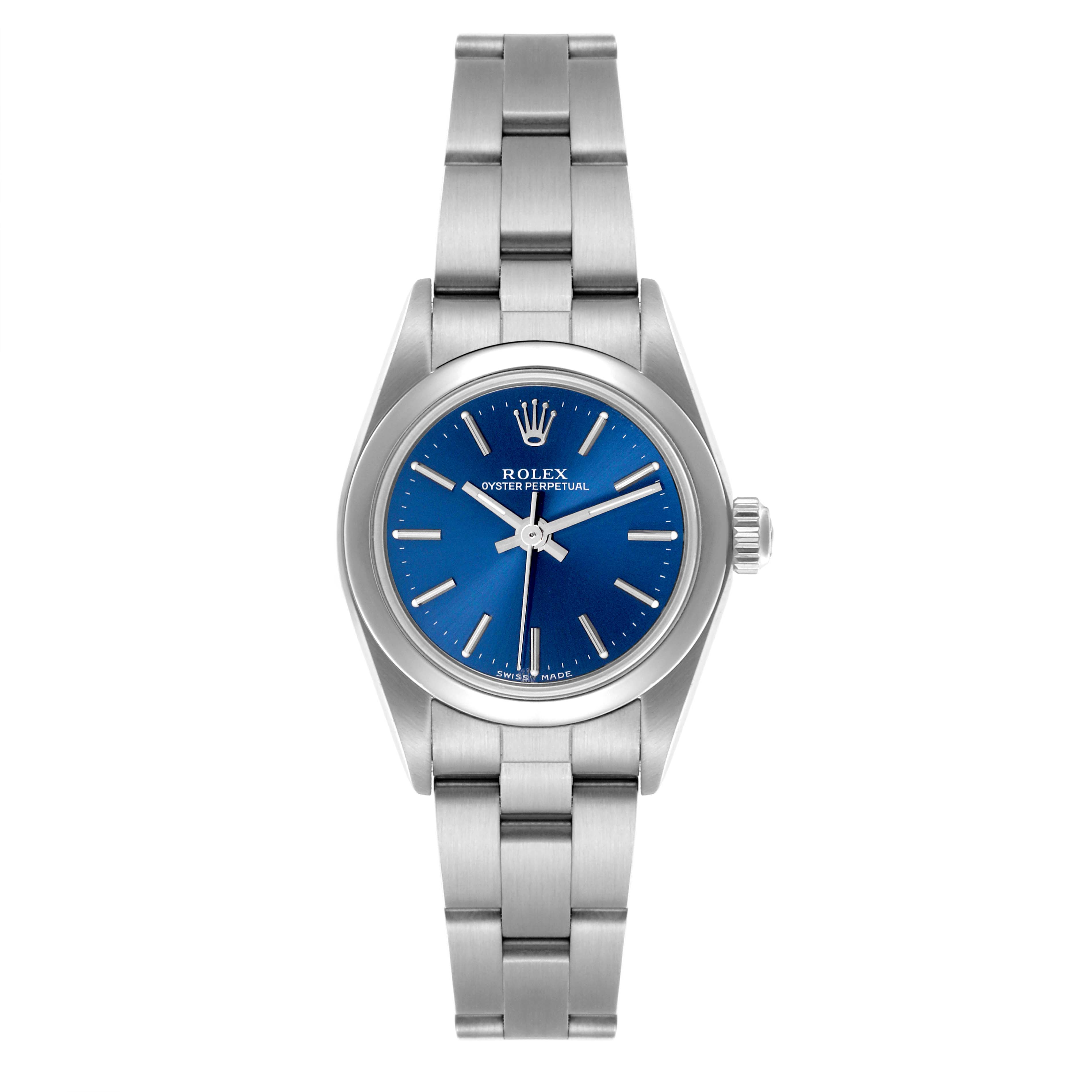 The Rolex Oyster Perpetual 76080 Women's Stainless Steel Blue Dial 76080 Women's Stainless Steel Blue Dial watch is shown from a front angle, displaying the blue dial, crown, and stainless steel bracelet.