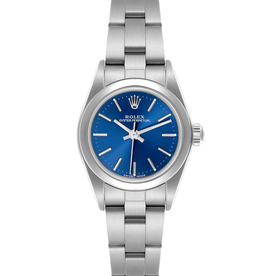 The Rolex Oyster Perpetual watch is shown from the front, highlighting the blue dial, silver case, and bracelet.