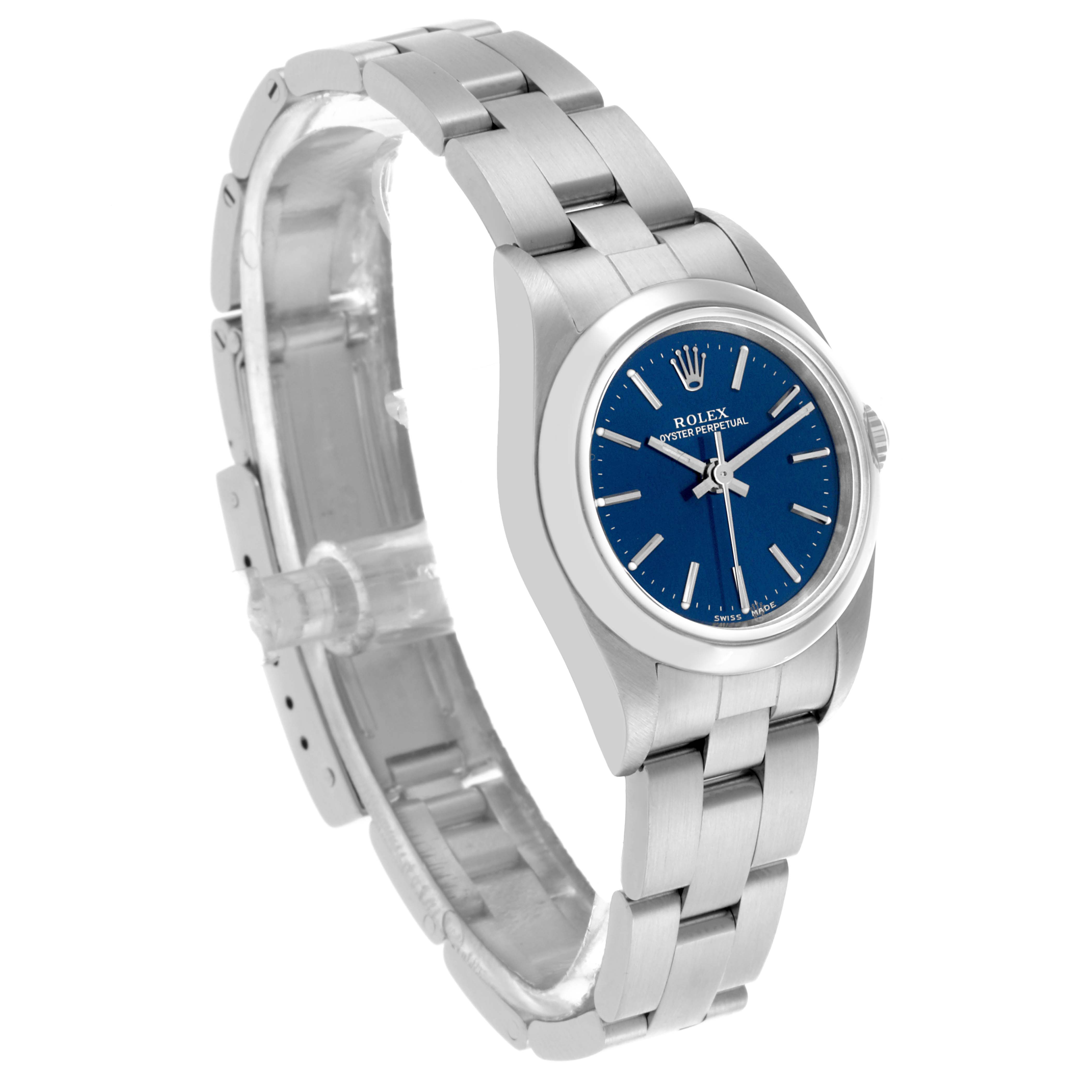 The Rolex Oyster Perpetual 76080 Women's Stainless Steel Blue Dial 76080 Women's Stainless Steel Blue Dial watch is shown at a three-quarter angle, highlighting the blue dial, bezel, case, and bracelet.