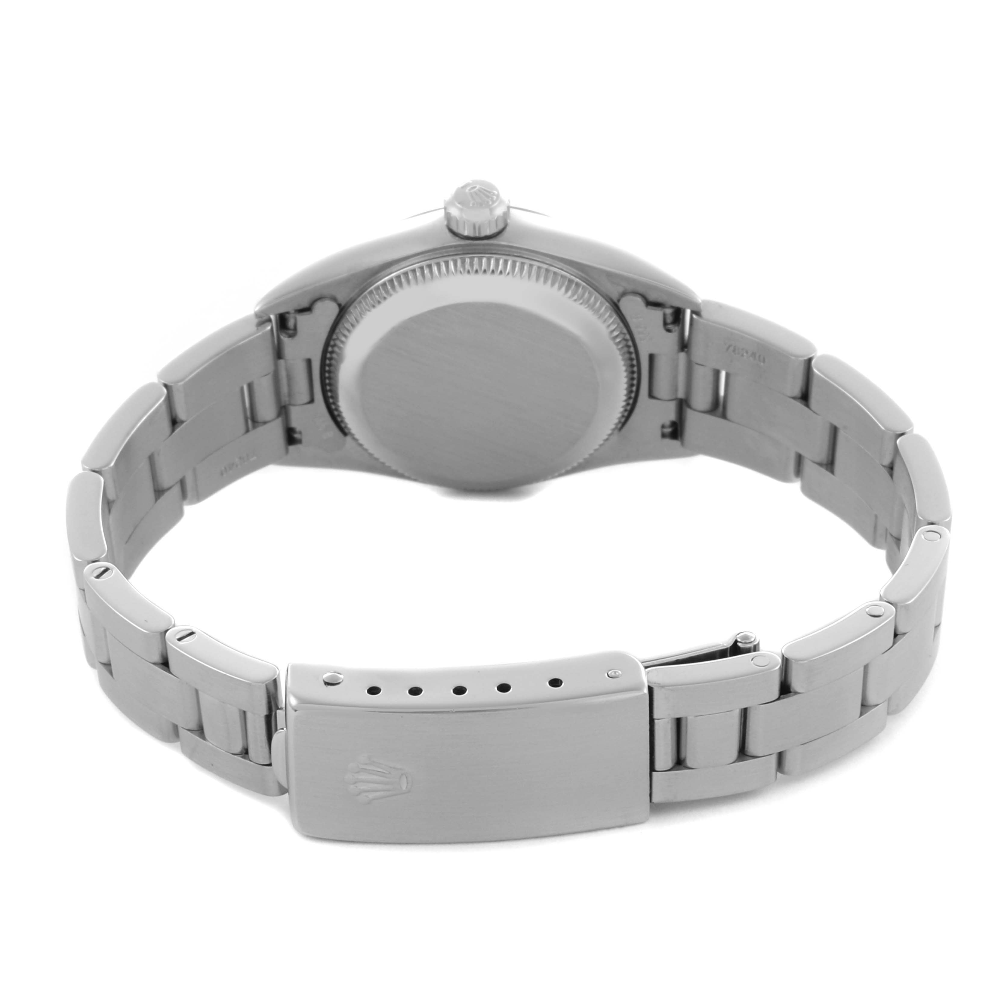 The Rolex Oyster Perpetual 76080 Women's Stainless Steel Blue Dial 76080 Women's Stainless Steel Blue Dial watch is shown from the back, highlighting the case back, bracelet, and clasp.