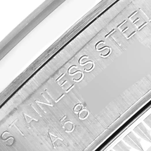The image shows a close-up of the side engraving on the case back of a Rolex Oyster Perpetual 76080 Women's Stainless Steel Blue Dial 76080 Women's Stainless Steel Blue Dial watch, emphasizing "STAINLESS STEEL."