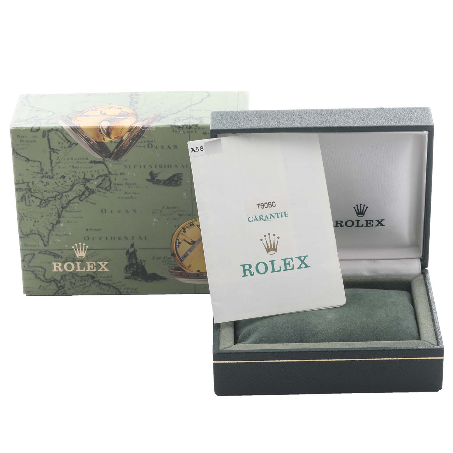 The image shows a Rolex Oyster Perpetual 76080 Women's Stainless Steel Blue Dial 76080 Women's Stainless Steel Blue Dial box and warranty card, viewed from the front.