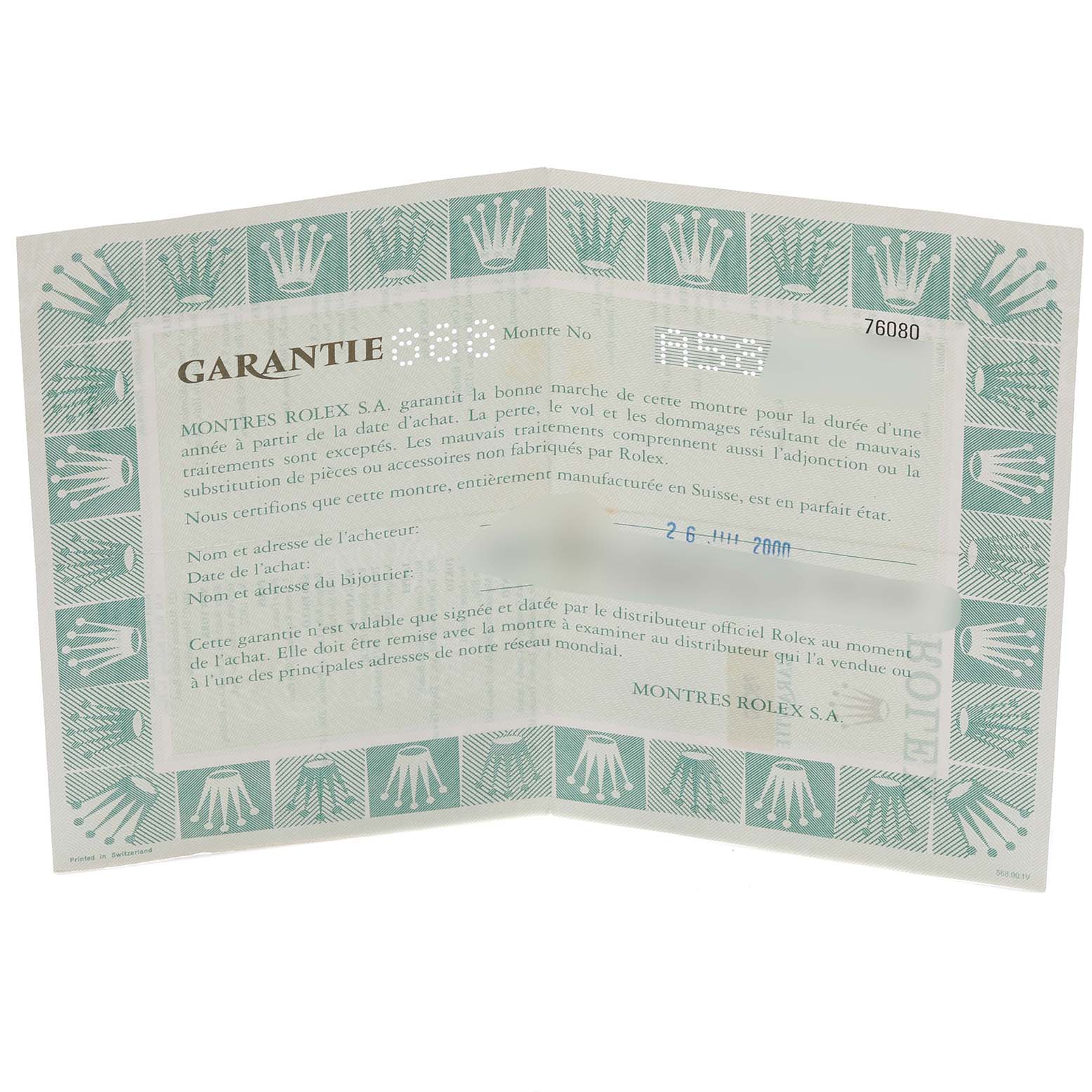 The image shows a warranty certificate for the Rolex Oyster Perpetual 76080 Women's Stainless Steel Blue Dial 76080 Women's Stainless Steel Blue Dial, featuring the brand's logo and text details.