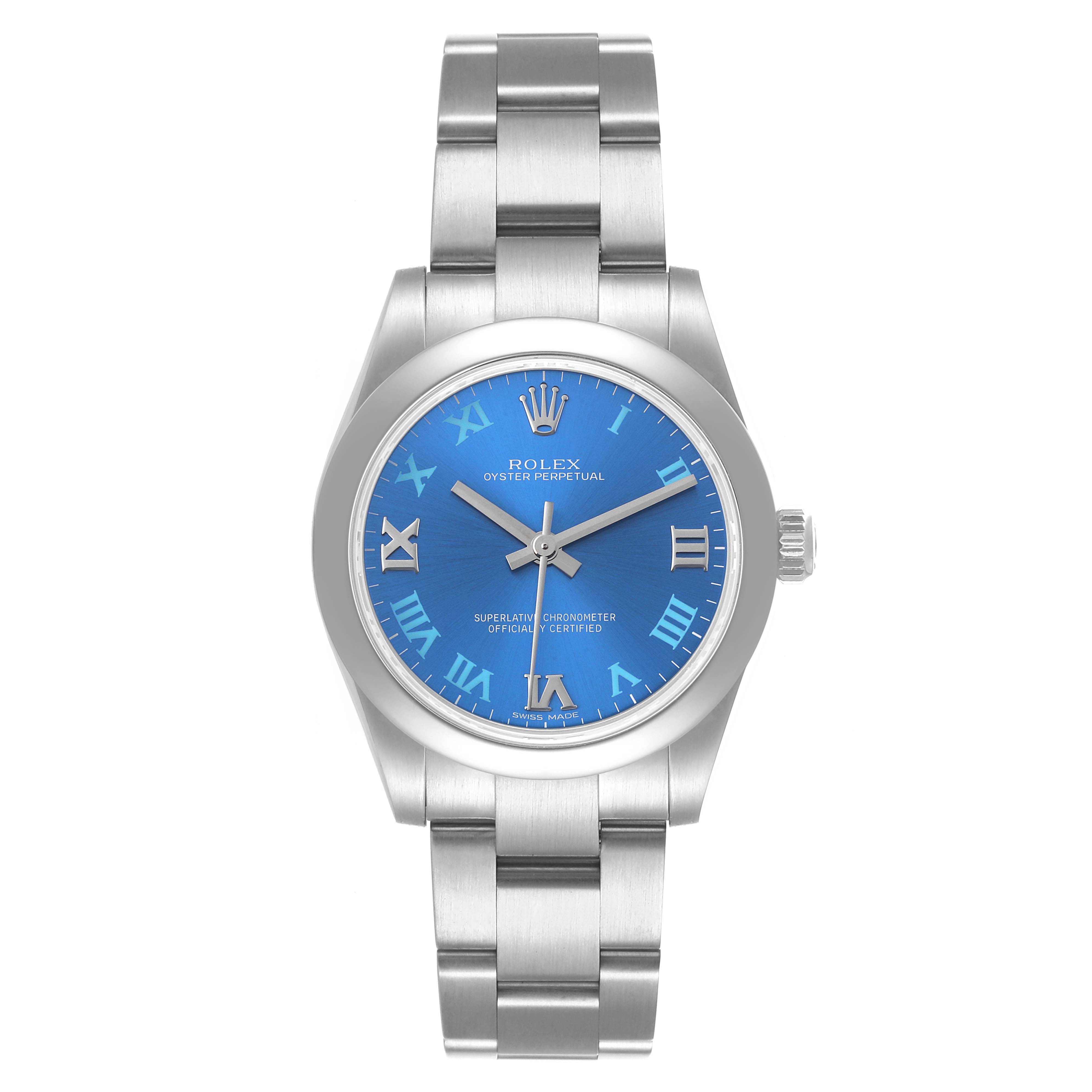 The image shows a front view of a Rolex Mid-Size 177200 Women
s Stainless Steel Blue Dial 177200 Women
s Stainless Steel Blue Dial Oyster Perpetual watch with a blue dial and silver bracelet.