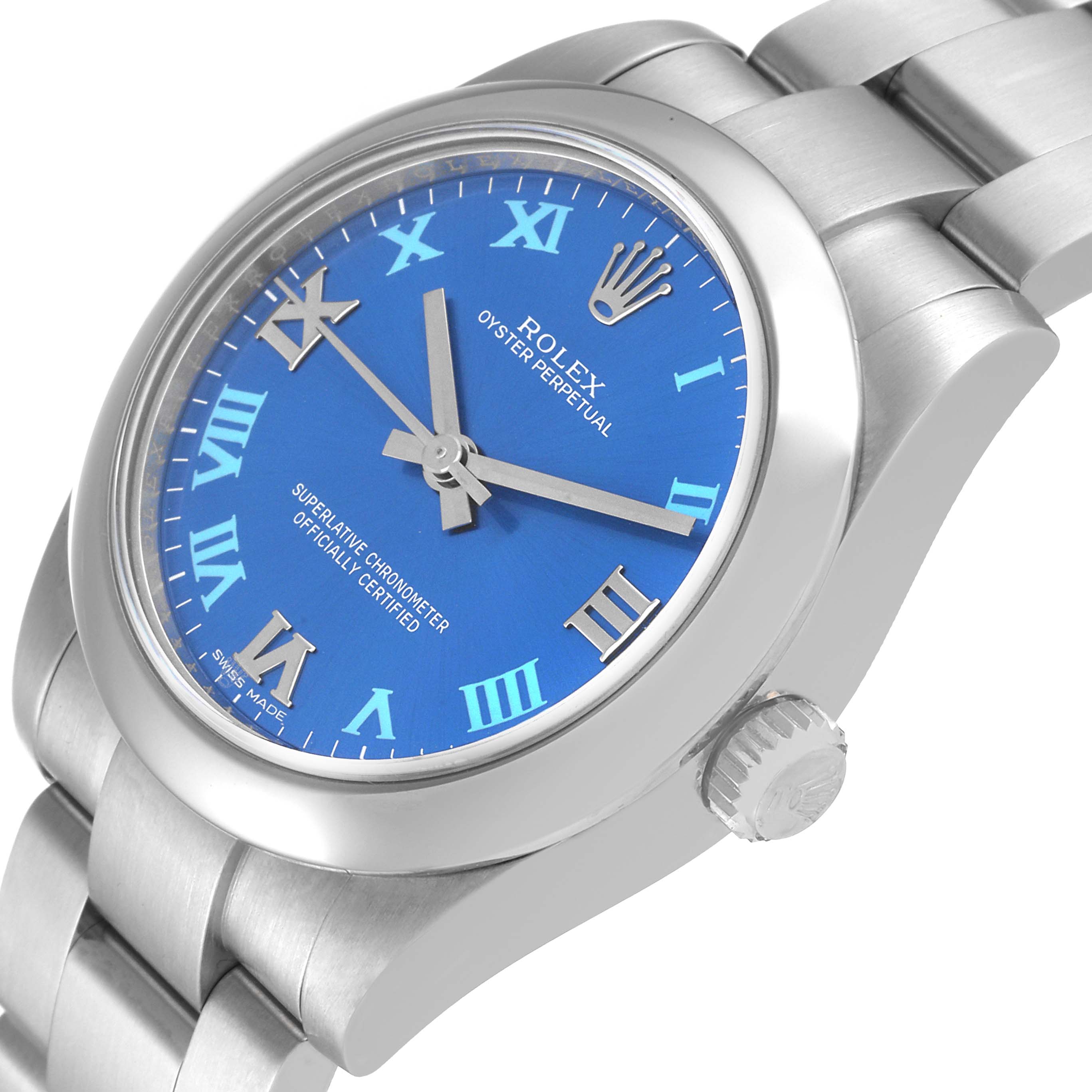 The image shows a mid-size Rolex Oyster Perpetual watch with a blue dial and silver Roman numerals from a side angle.