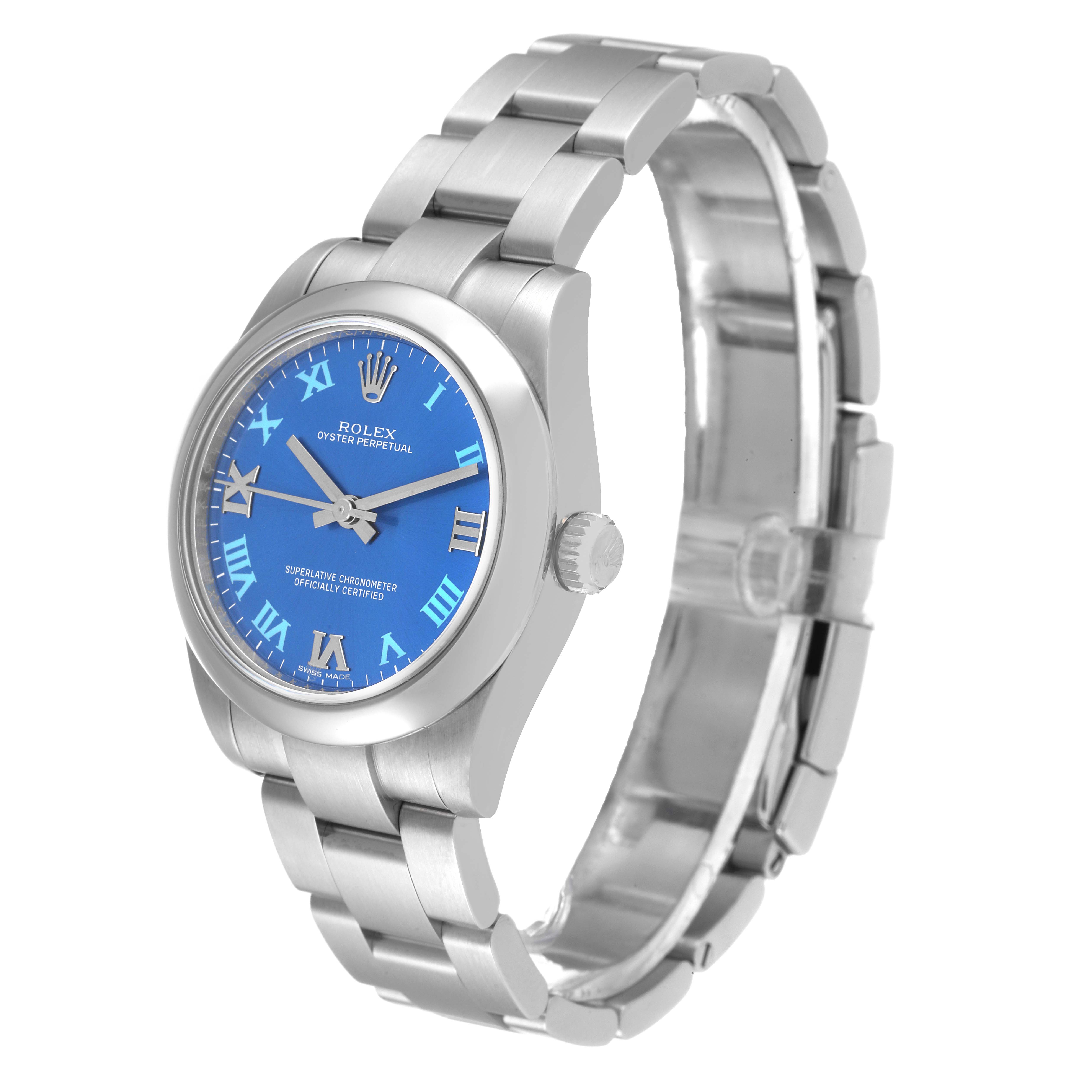 This image shows a Mid-Size Rolex Oyster Perpetual watch at a three-quarter angle, highlighting the dial, bezel, crown, and bracelet.