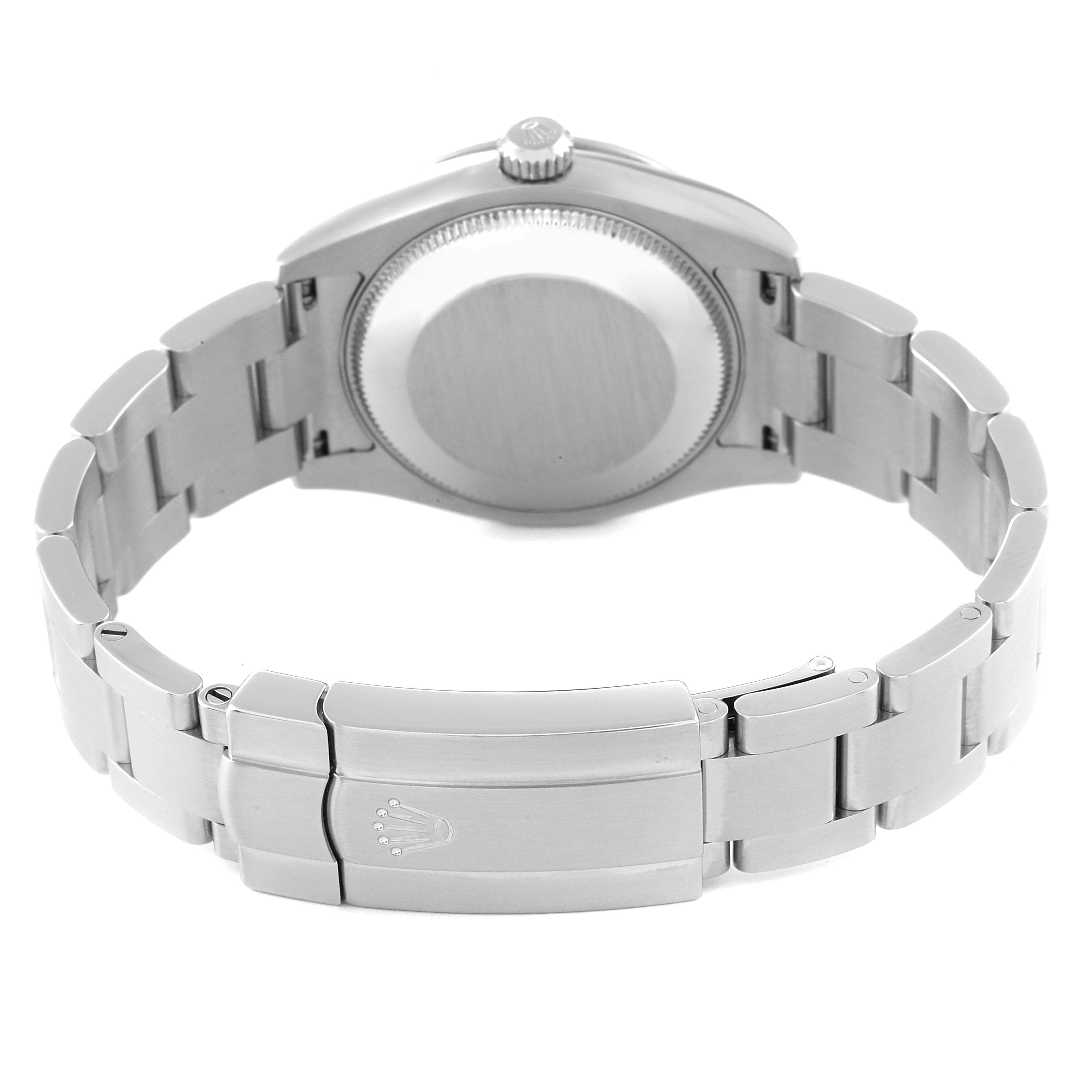 This image shows the back and bracelet of a Rolex Mid-Size 177200 Women
s Stainless Steel Blue Dial 177200 Women
s Stainless Steel Blue Dial watch from an open-case-back angle.