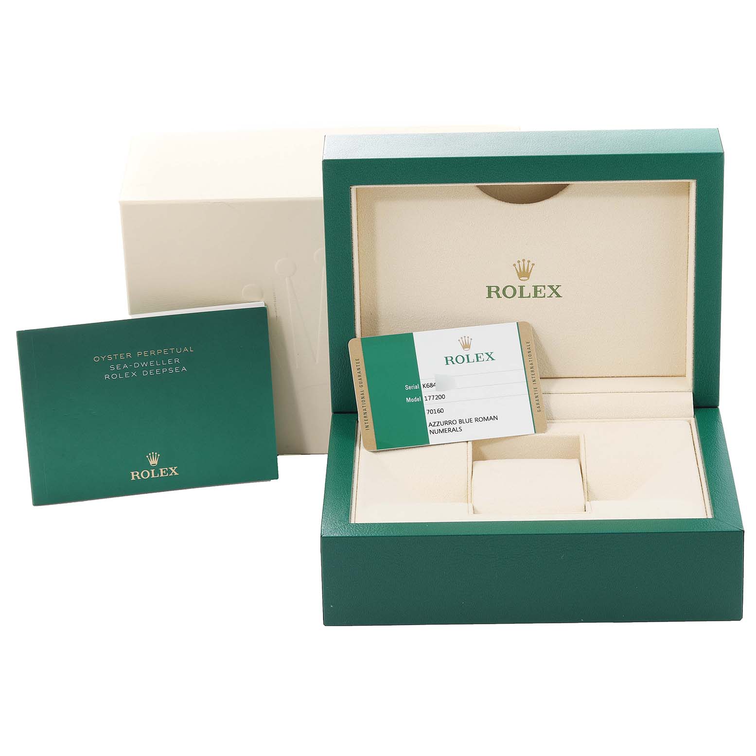 The image shows the packaging, warranty card, and manual for a Mid-Size model Rolex watch.