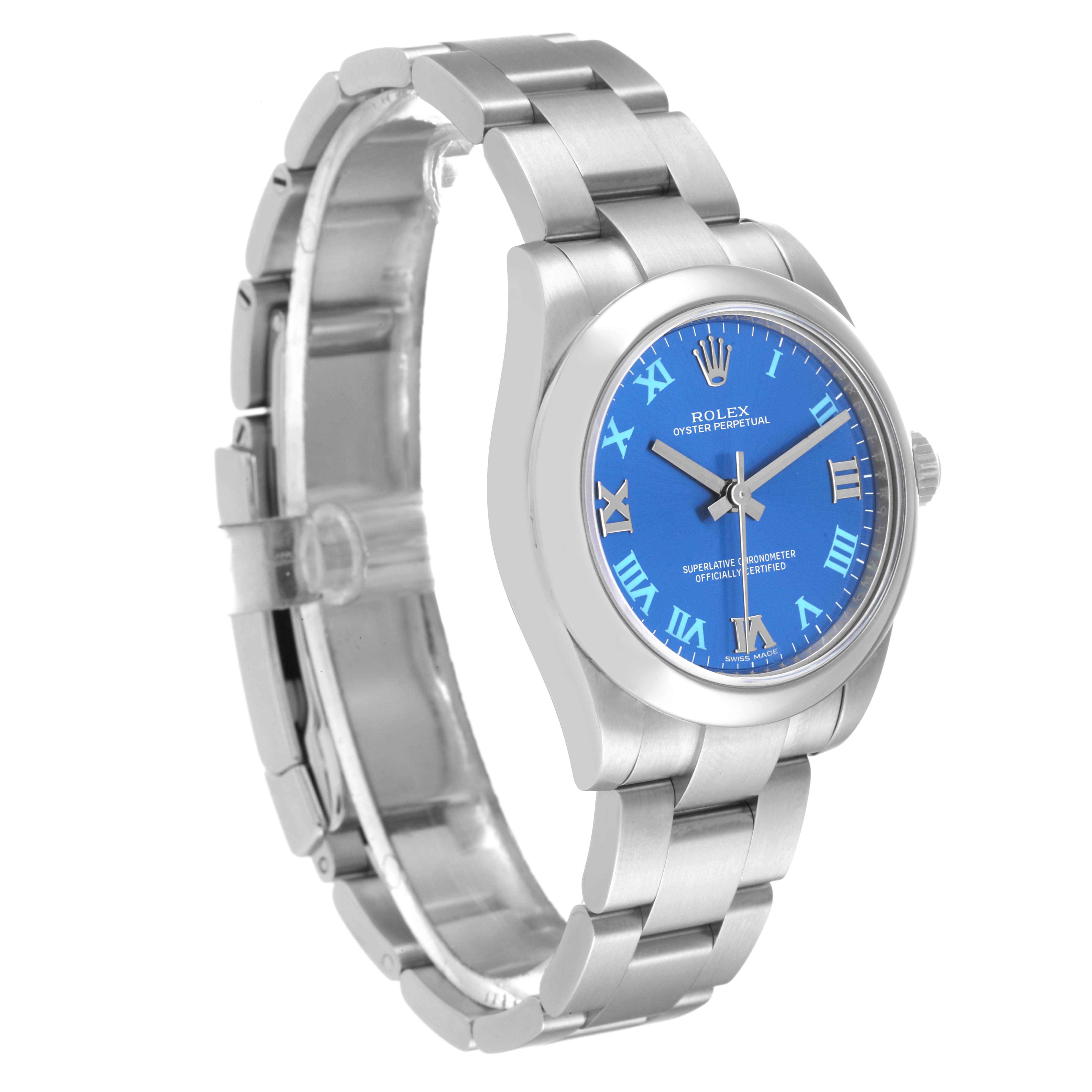 The Rolex Mid-Size 177200 Women
s Stainless Steel Blue Dial 177200 Women
s Stainless Steel Blue Dial model watch is shown at an angle highlighting the blue dial, silver case, and bracelet.