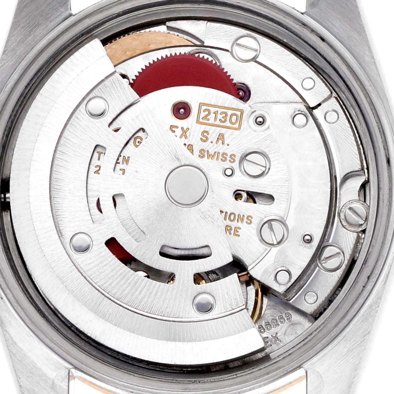 The image shows the Rolex Oyster Perpetual 67183 Women's Steel and Gold (two tone) Champagne Dial 67183 Women's Steel and Gold (two tone) Champagne Dial movement from the back, highlighting the rotor and inner mechanics.