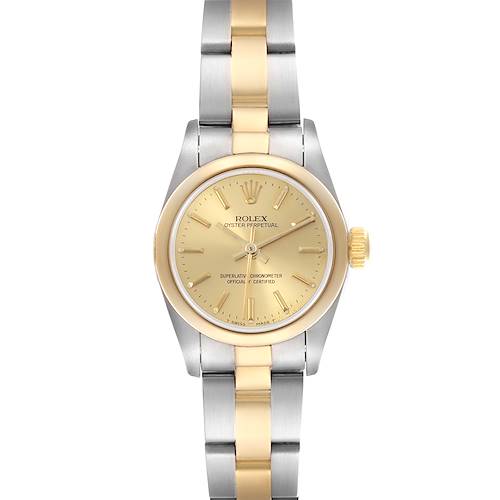 The Rolex Oyster Perpetual watch is shown from a front angle, highlighting its two-tone bracelet and gold dial.