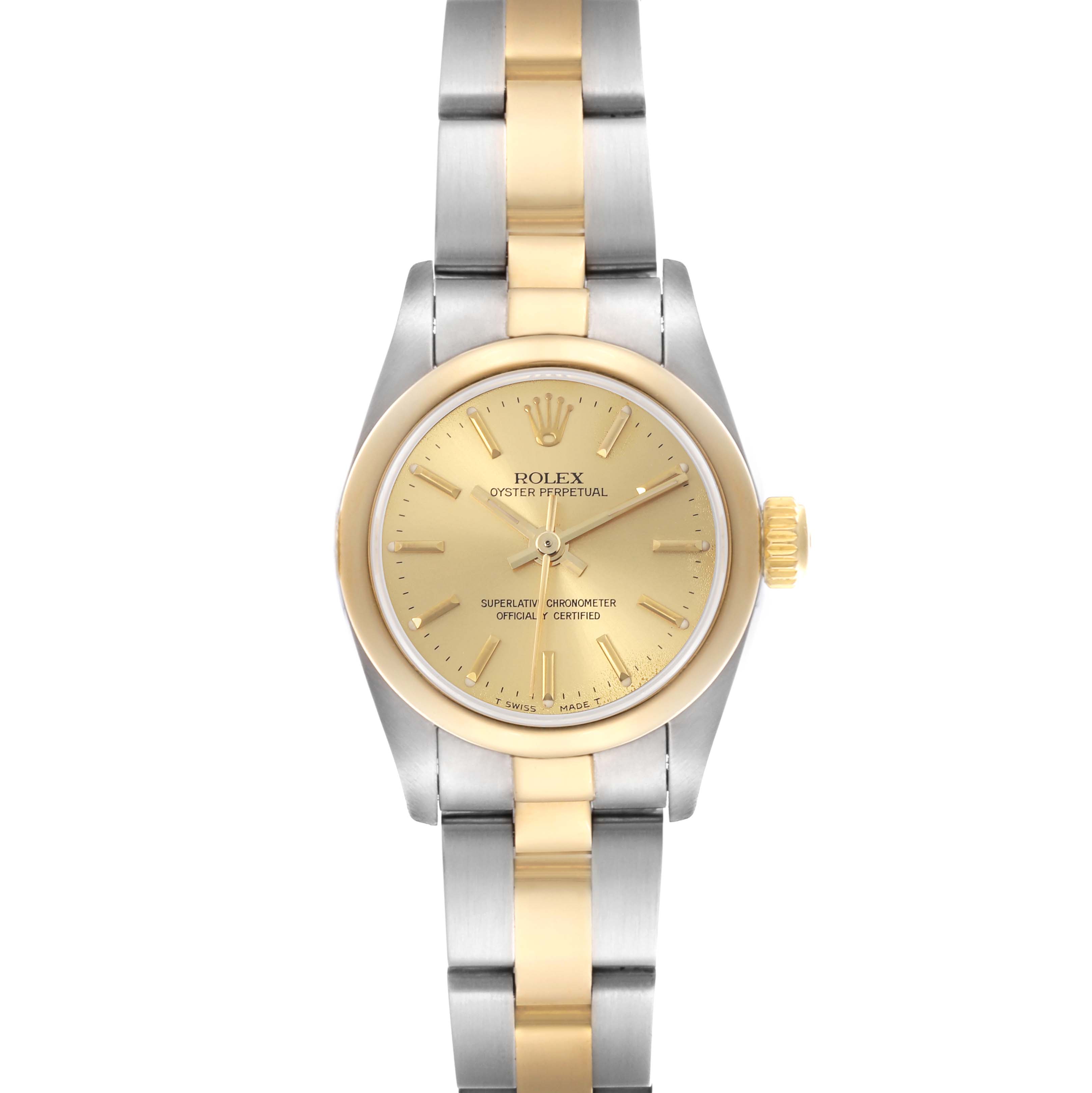 The Rolex Oyster Perpetual 67183 Women's Steel and Gold (two tone) Champagne Dial 67183 Women's Steel and Gold (two tone) Champagne Dial watch is shown from a top-down angle, highlighting its dial and two-tone bracelet.