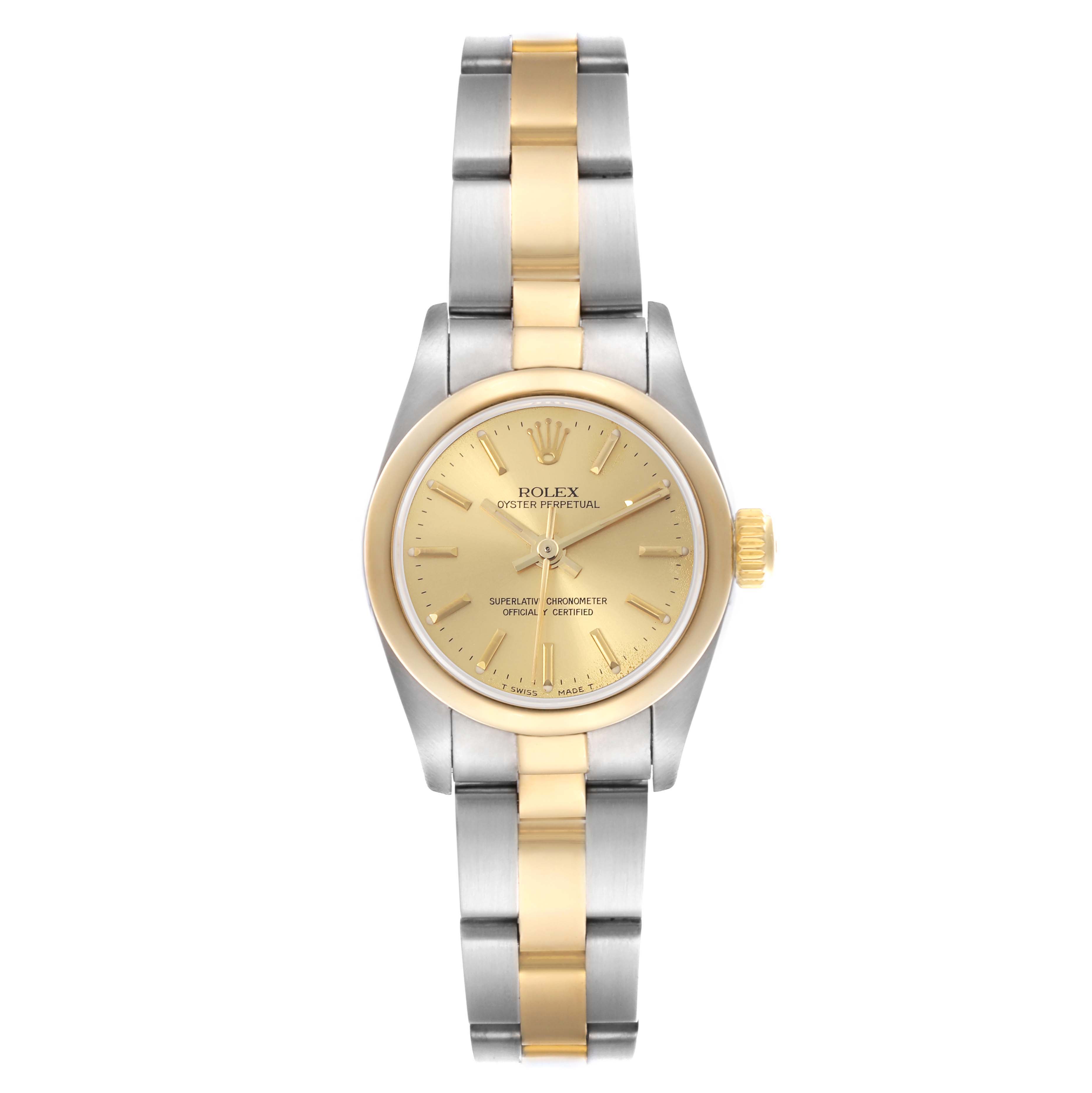 The Rolex Oyster Perpetual 67183 Women's Steel and Gold (two tone) Champagne Dial 67183 Women's Steel and Gold (two tone) Champagne Dial watch is shown from a top view, featuring its gold dial, bezel, and two-tone bracelet.