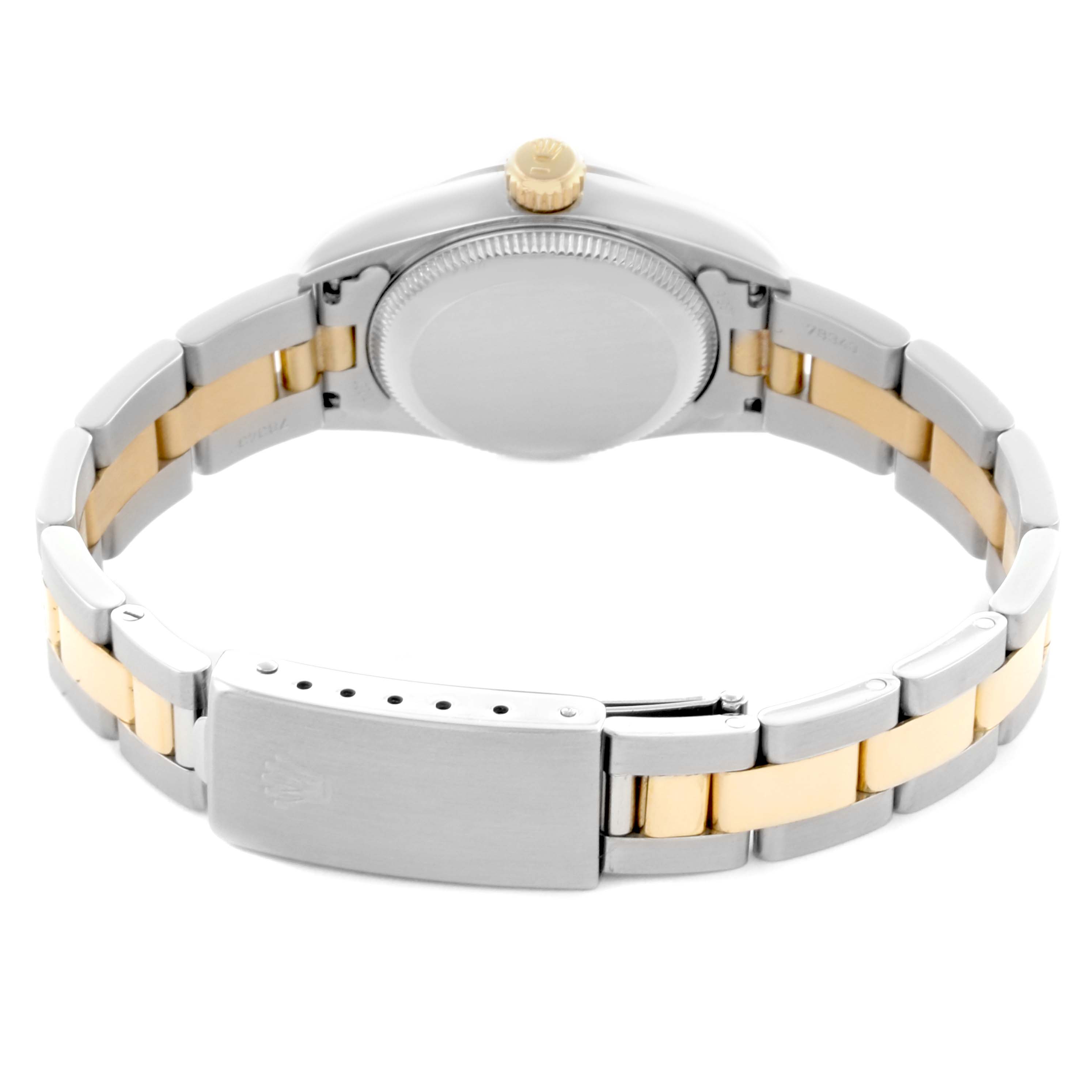 The Rolex Oyster Perpetual 67183 Women's Steel and Gold (two tone) Champagne Dial 67183 Women's Steel and Gold (two tone) Champagne Dial watch is shown from the backside, highlighting the case back, bracelet, and clasp.