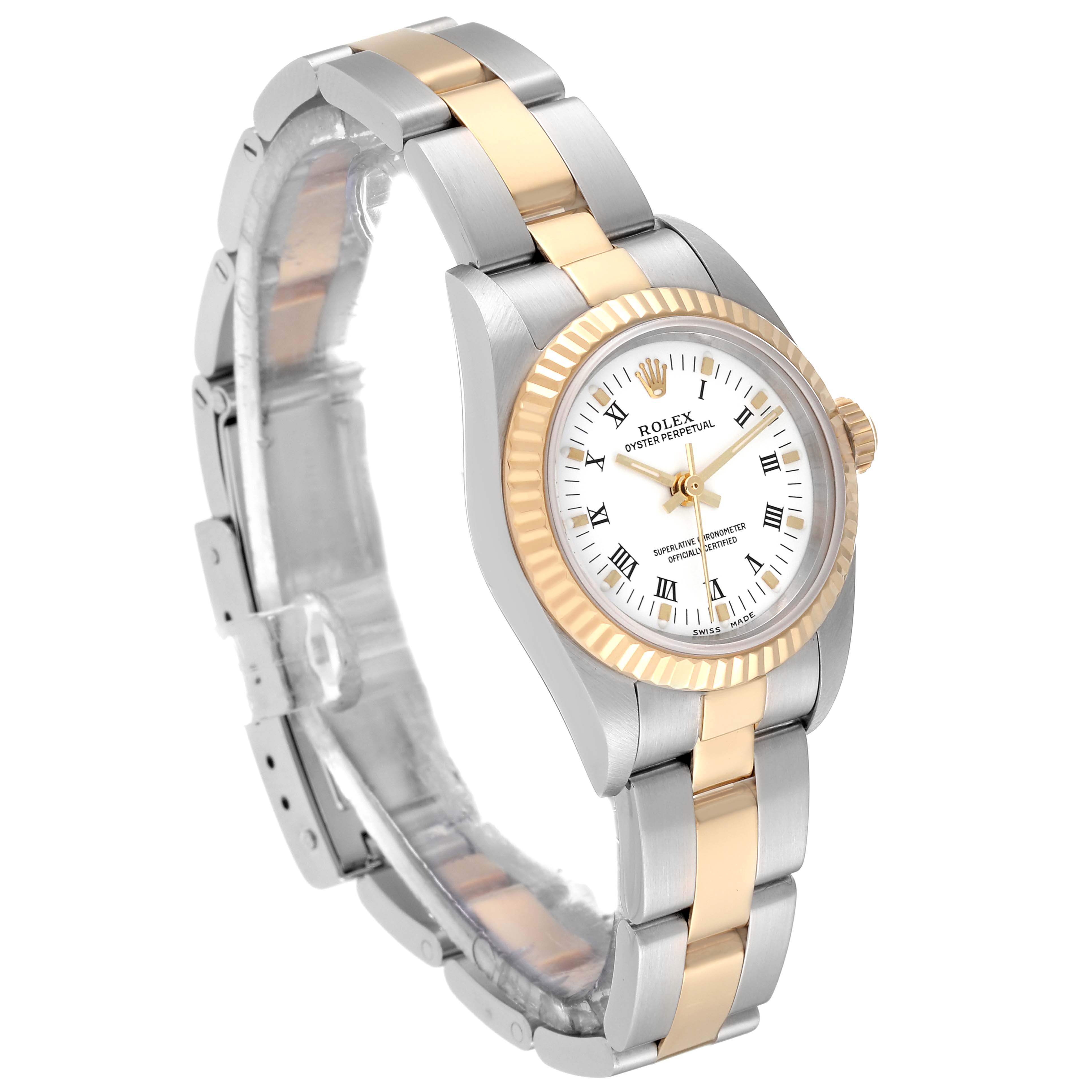 The Rolex Oyster Perpetual 76193 Women's Steel and Gold (two tone) White Dial 76193 Women's Steel and Gold (two tone) White Dial watch is shown at a slight angle, displaying the face, bezel, crown, and two-tone bracelet.