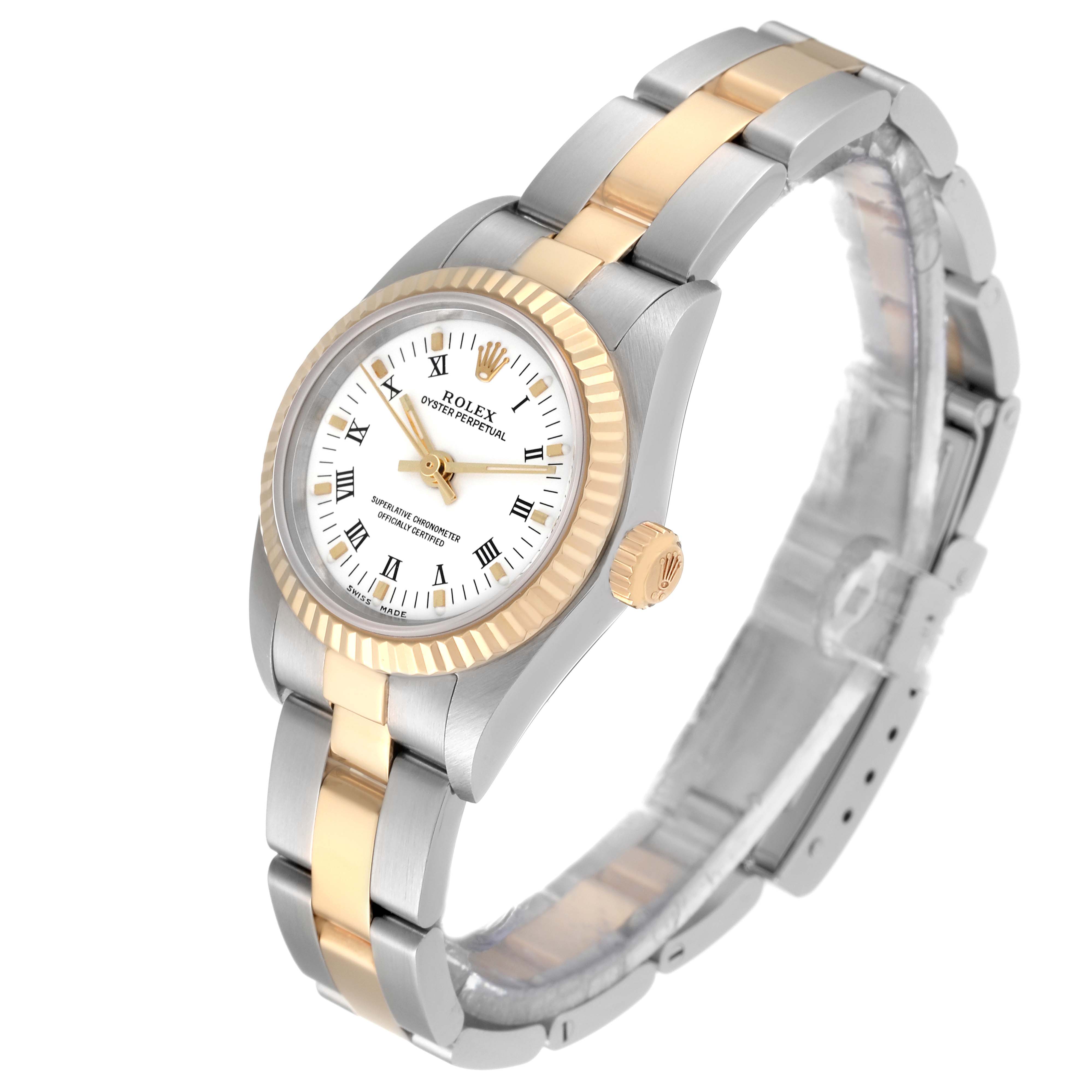 This Rolex Oyster Perpetual 76193 Women's Steel and Gold (two tone) White Dial 76193 Women's Steel and Gold (two tone) White Dial watch is shown at a three-quarter angle, displaying the dial, bezel, bracelet, and crown.