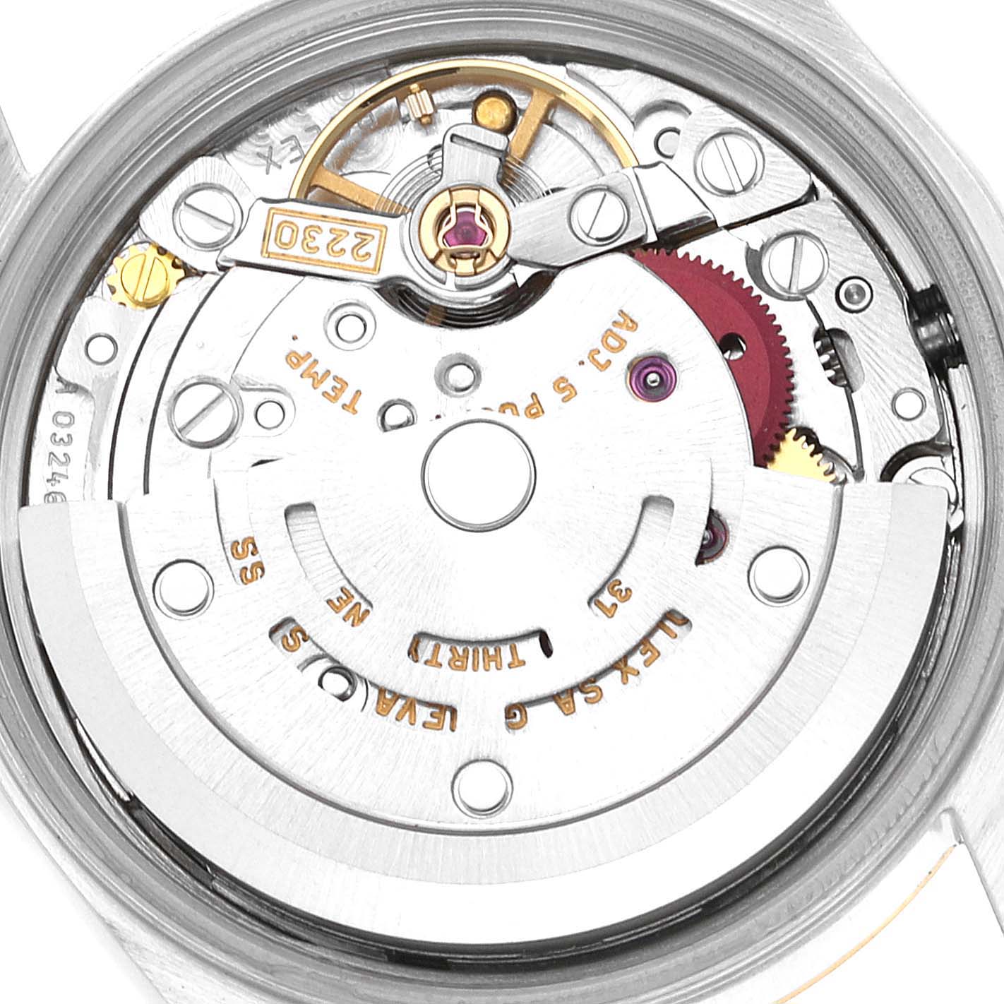 The image shows the movement mechanism of a Rolex Oyster Perpetual 76193 Women's Steel and Gold (two tone) White Dial 76193 Women's Steel and Gold (two tone) White Dial watch from a back angle.