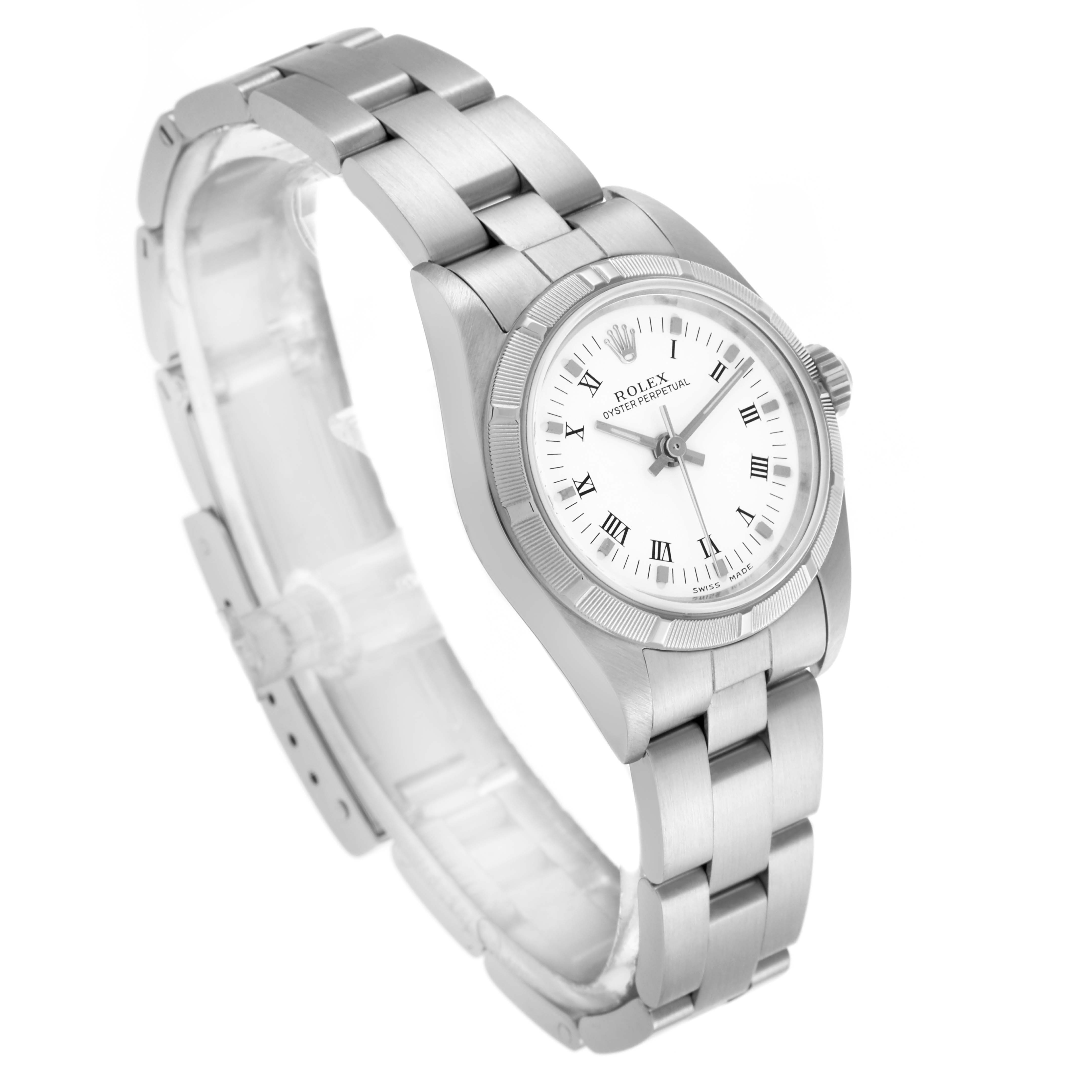 The Rolex Oyster Perpetual 76030 Women's Stainless Steel White Dial 76030 Women's Stainless Steel White Dial watch is shown at a three-quarter angle, highlighting the face, bezel, and bracelet.